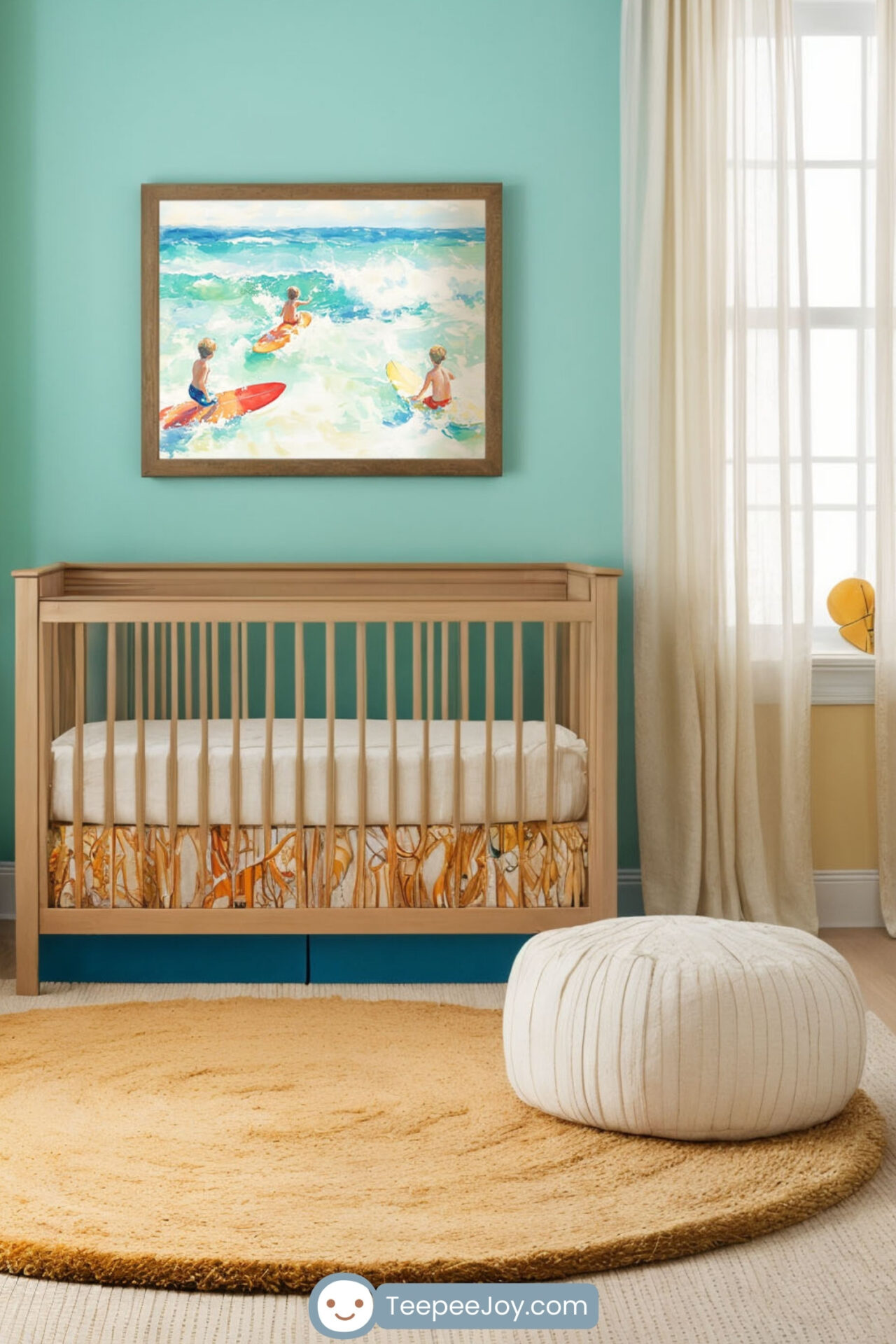 A coastal-themed nursery with vibrant decor featuring a framed painting of three children surfing on colorful boards in the ocean. The room includes a natural wood crib with tropical-patterned bedding, an orange accent pillow on a cream chair, and a yellow circular rug. Bright blue and orange walls evoke a cheerful beach vibe, complemented by surfboard wall decorations.