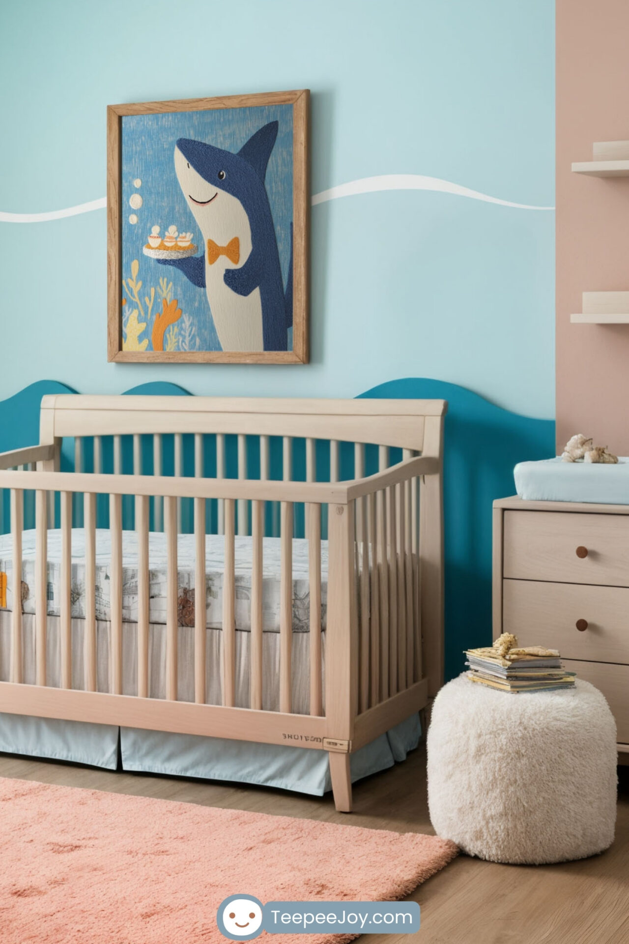 Ocean-themed nursery featuring a light wood crib with a wave-patterned blue accent wall and a framed shark illustration holding cupcakes. The room includes soft pastel tones, a coral rug, a white armchair with a pink pillow, and a dresser with a changing table. Coastal details like a starfish wall decor and fluffy ottomans add a cozy and whimsical touch.