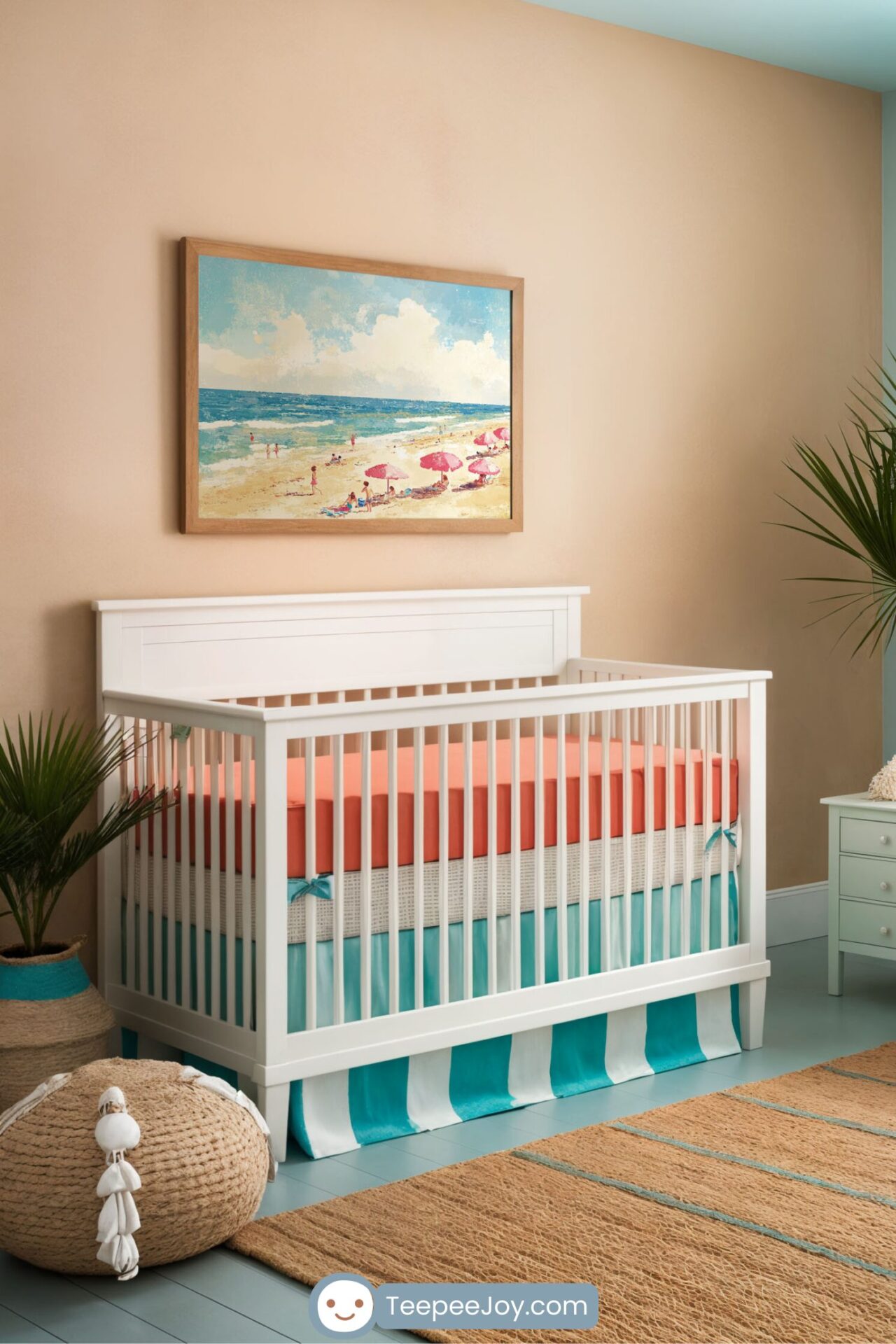 A serene nursery with coastal-inspired decor, featuring a painting of a beach scene with pink umbrellas and ocean waves hanging above a white crib. The room includes accents like striped teal and white curtains, a natural woven rug, and a coral pillow on a white armchair, creating a refreshing seaside vibe.