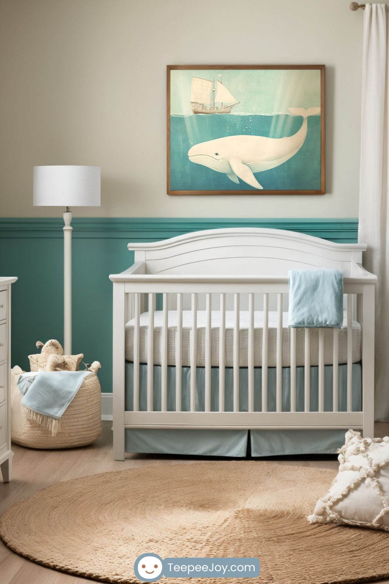 Bright and cozy nursery with coastal-inspired decor featuring a framed whale artwork above a white crib. The room includes teal and beige walls, sheer curtains, and nautical accents like a sailboat shelf and basket of toys. A round jute rug, rocking chair with a throw pillow, and a dresser with a changing table complete the space.