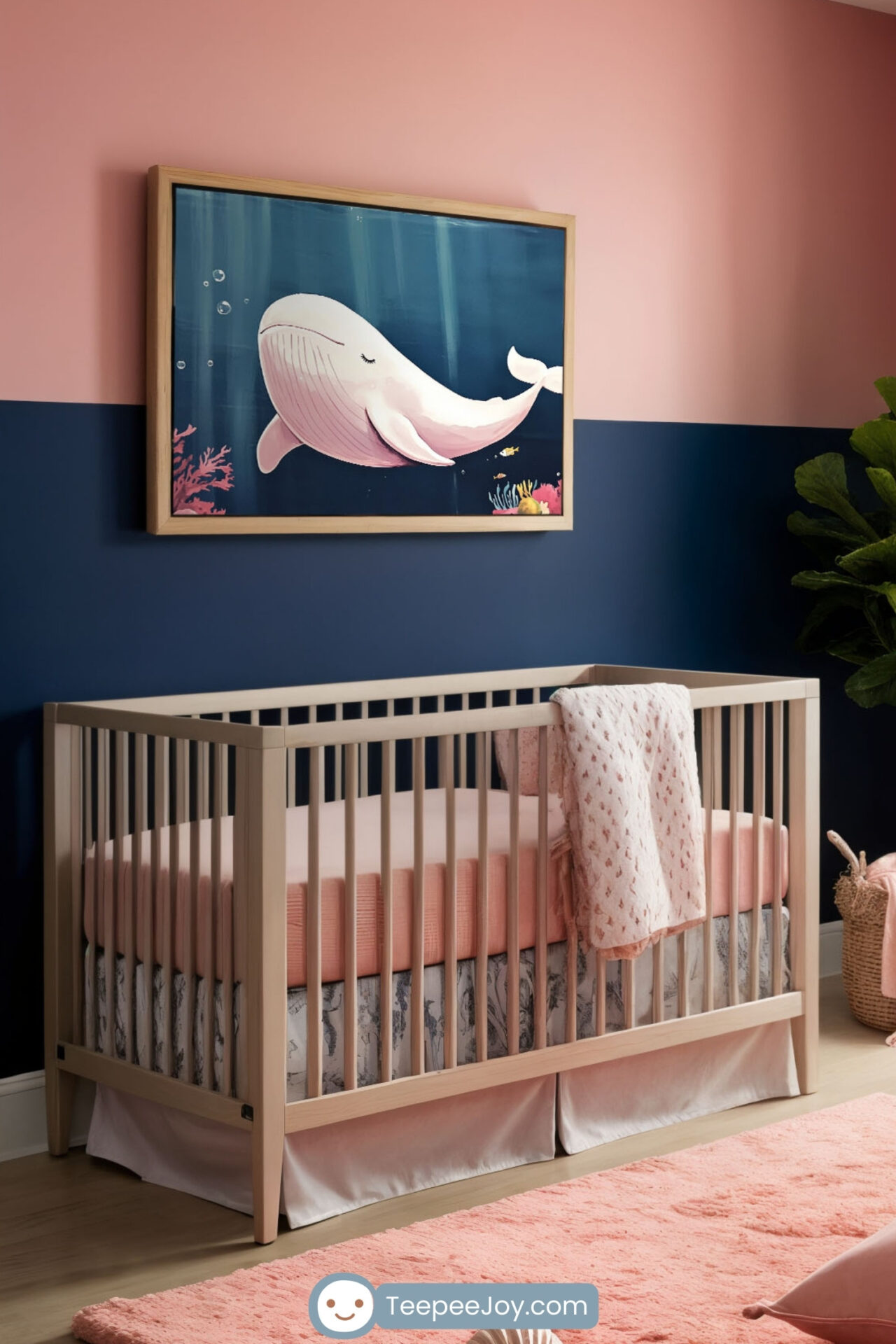 Modern nursery with a soft coral and navy color scheme, featuring a framed pink whale illustration on the wall above a wooden crib with coral bedding. The room includes a coral rug, a light gray rocking chair with coral accents, and a dresser with decor. A potted plant, sheer curtains, and seashell-themed accessories add a calming coastal touch.