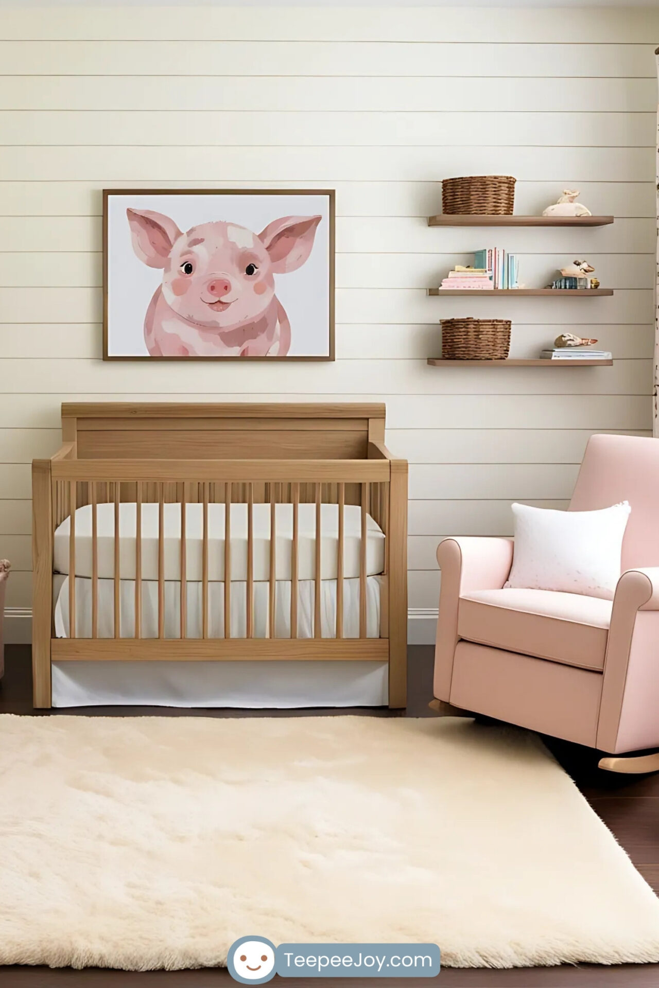 Bright and charming nursery with white shiplap walls and natural wooden furniture, including a crib, a changing table, and a soft pink rocking chair. A framed illustration of a cheerful pink piglet is displayed above the crib, adding a whimsical touch to the room. The space is styled with a plush cream rug, floating shelves with books and baskets, floral curtains, and soft pink accents, creating a cozy and playful ambiance.
