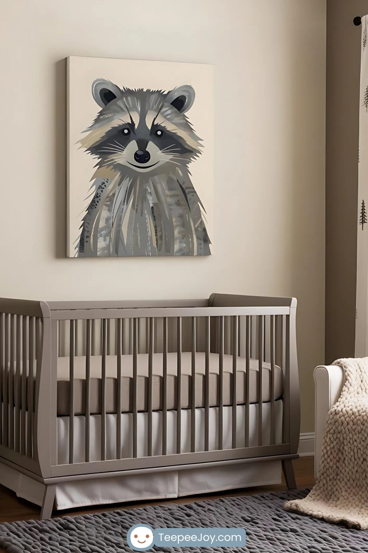 Neutral-toned nursery featuring raccoon wall art