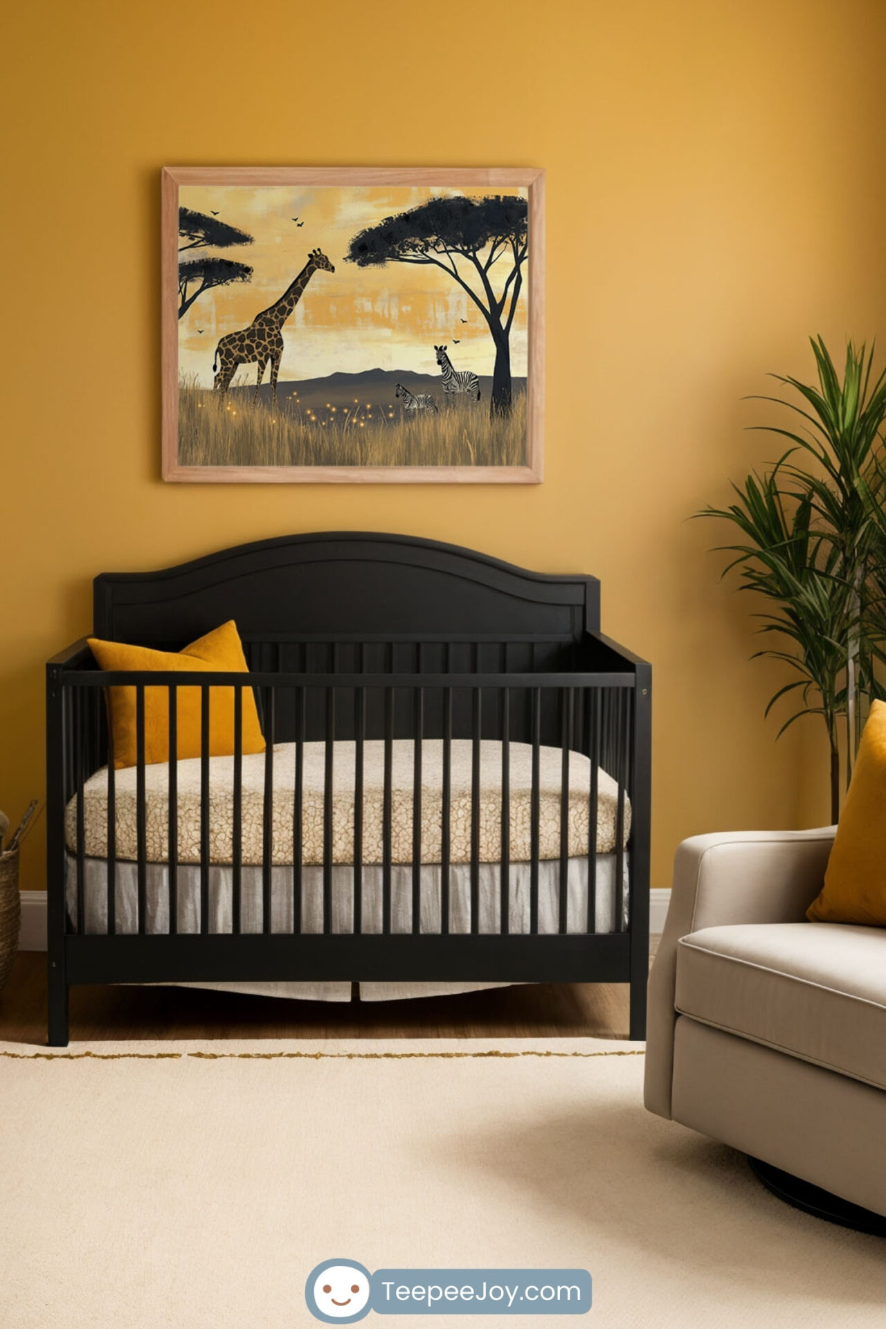 Modern nursery with a warm, nature-inspired design featuring a black crib against a mustard-yellow accent wall. Above the crib hangs a framed giraffe and zebra wall art depicting an African savanna scene. The room includes a wooden dresser with a changing pad, a cozy white armchair with a mustard throw pillow, a plush cream-colored rug, and a woven basket with stuffed animals, creating a serene and stylish space.