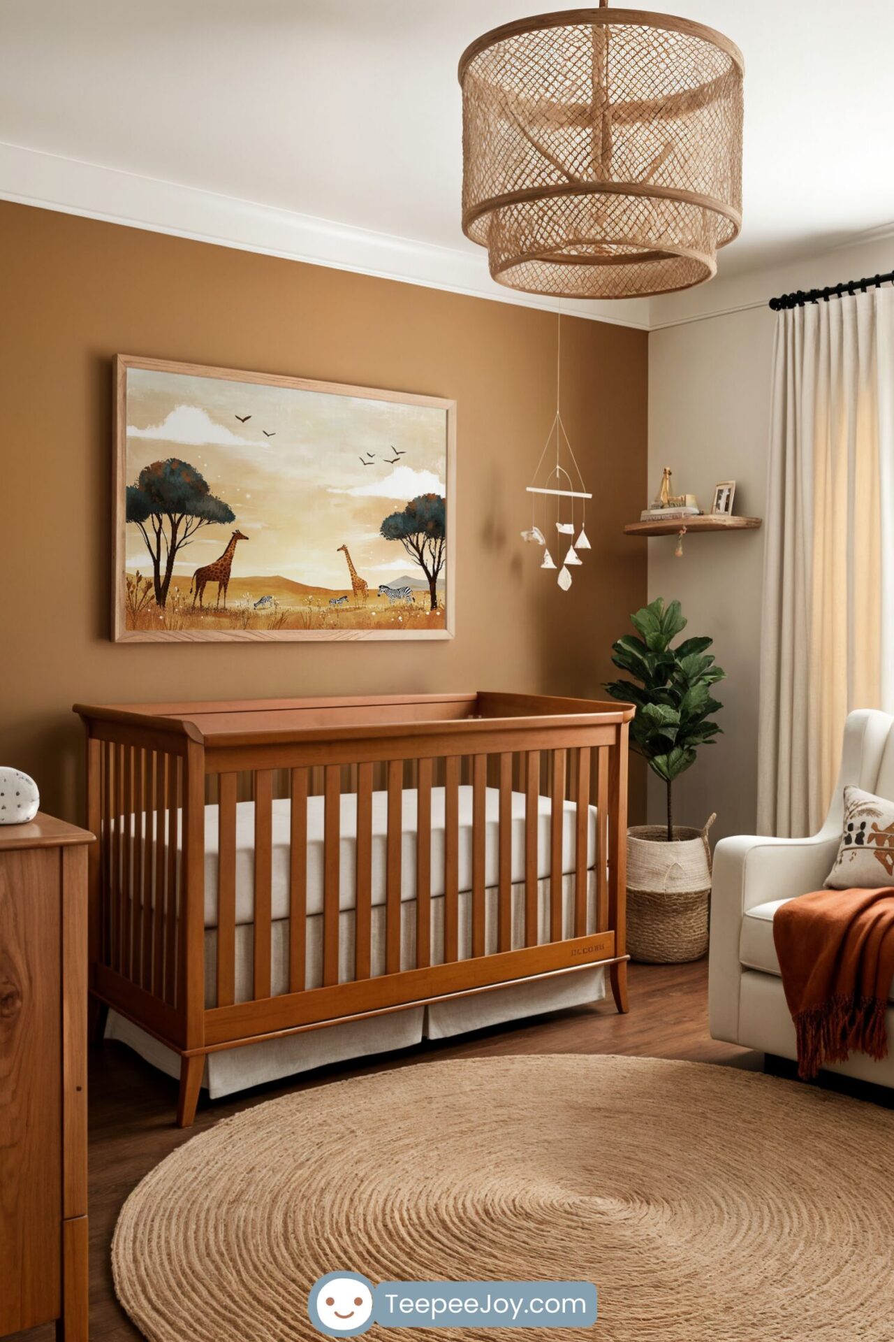 Cozy safari-themed nursery with giraffe wall art