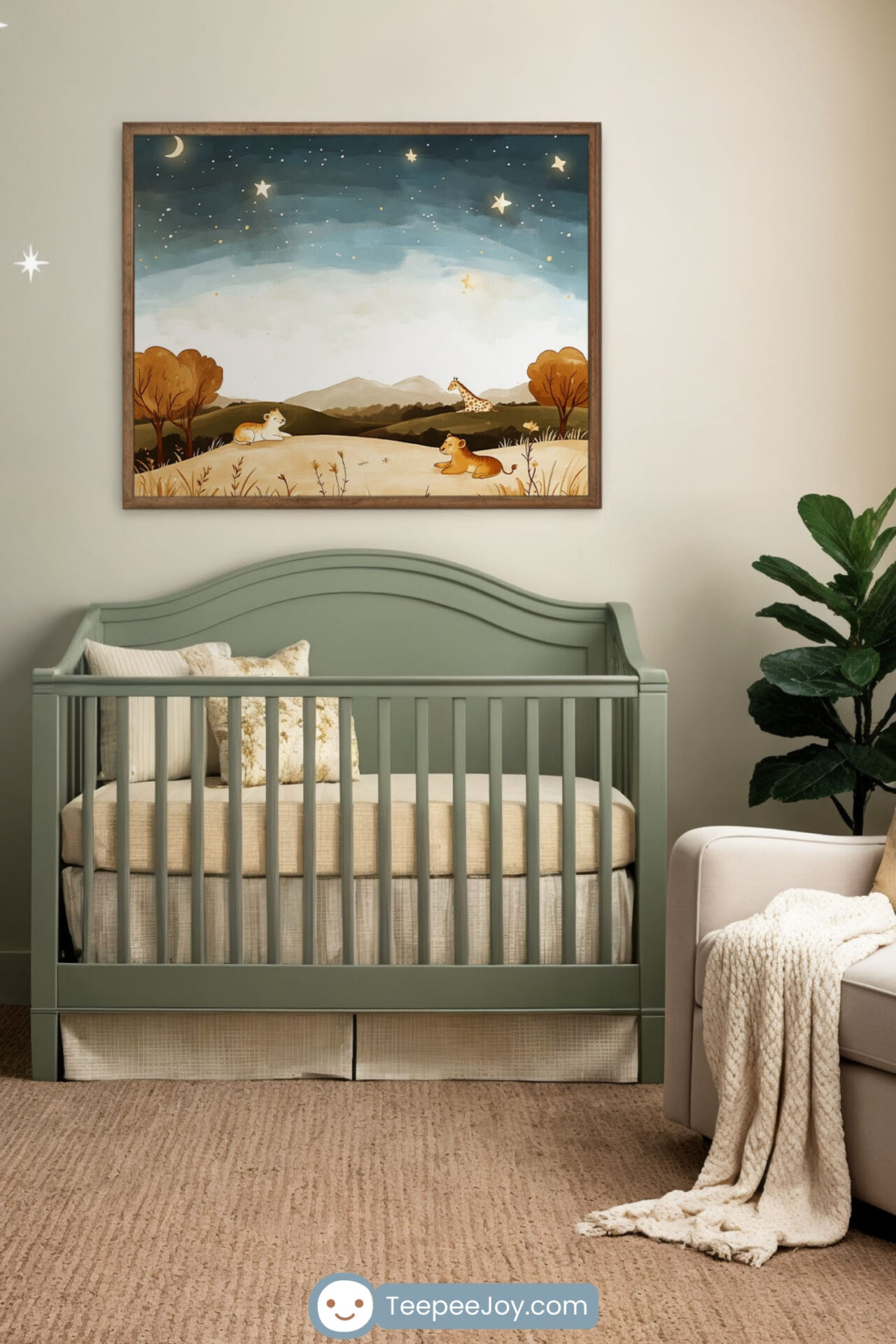 Serene safari-themed nursery with a muted green crib against a soft beige wall, featuring a framed watercolor-style wall art of a starry night on the savanna with lion cubs and a giraffe. The room includes a wooden dresser with a changing pad, a plush cream armchair with a cozy knit throw, a woven basket with toys, and soft star decals on the wall, creating a calming and nature-inspired space.