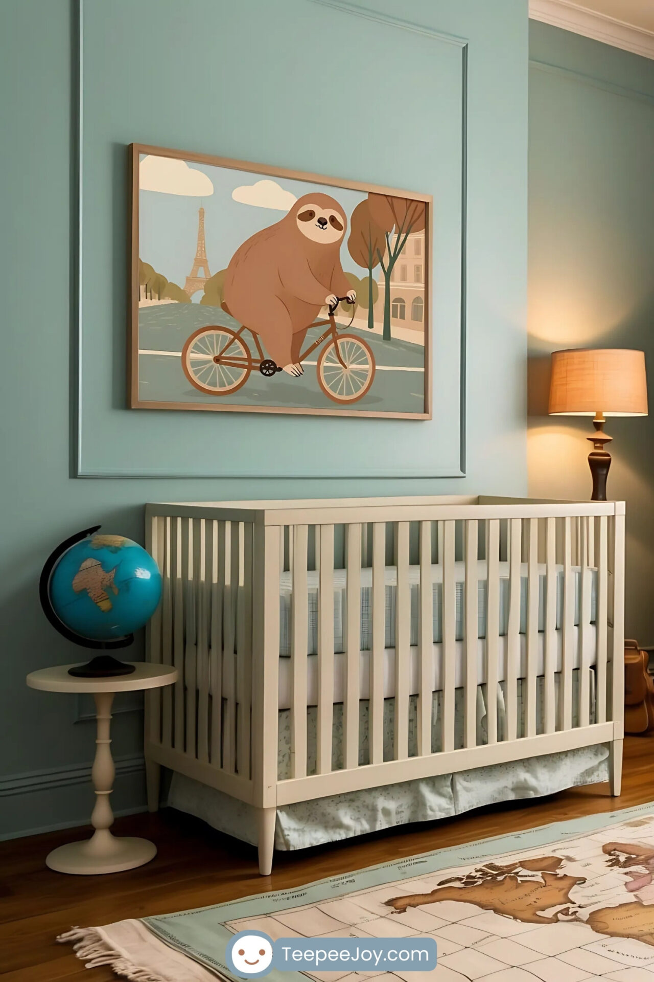 This image shows a travel-themed nursery with a white crib positioned beneath a whimsical illustration of a sloth bicycling through Paris, complete with the Eiffel Tower in the background. The room is styled with a pastel map-themed rug, a globe on a side table, and a cushioned ottoman featuring a world map. Light wood furniture, including a cabinet and warm accents, adds charm to this imaginative and educational space.