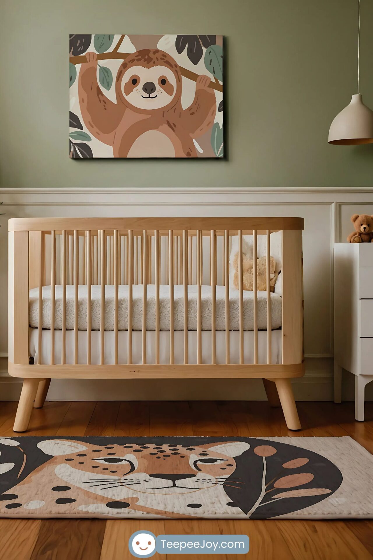 Cozy jungle-themed nursery featuring a light wood crib with a plush cream mattress against a soft green wall with white paneling. Above the crib, a framed illustration of a smiling sloth hanging from a tree branch with leafy accents adds a playful and calming touch. The room is decorated with a jungle-inspired rug featuring a cheetah face, a modern white dresser with a small teddy bear, and a minimalist hanging pendant light, creating a warm and inviting space for a little one.