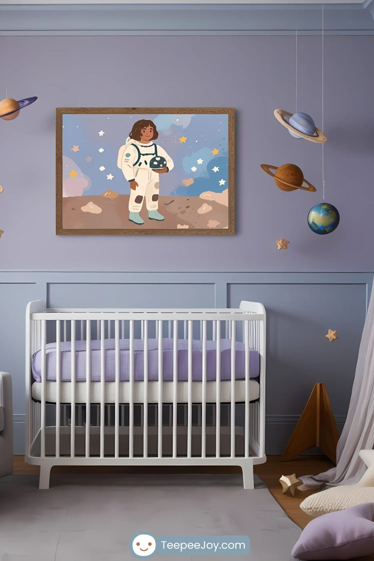 This image depicts a dreamy, space-themed nursery with soft lavender walls and celestial decor. The centerpiece is a framed illustration of an astronaut on a distant planet, hung above a modern white crib with purple bedding. The room is accented with a planetary mobile, star decorations, a cozy armchair, and plush pillows shaped like stars, creating a magical and inspiring environment for a child.