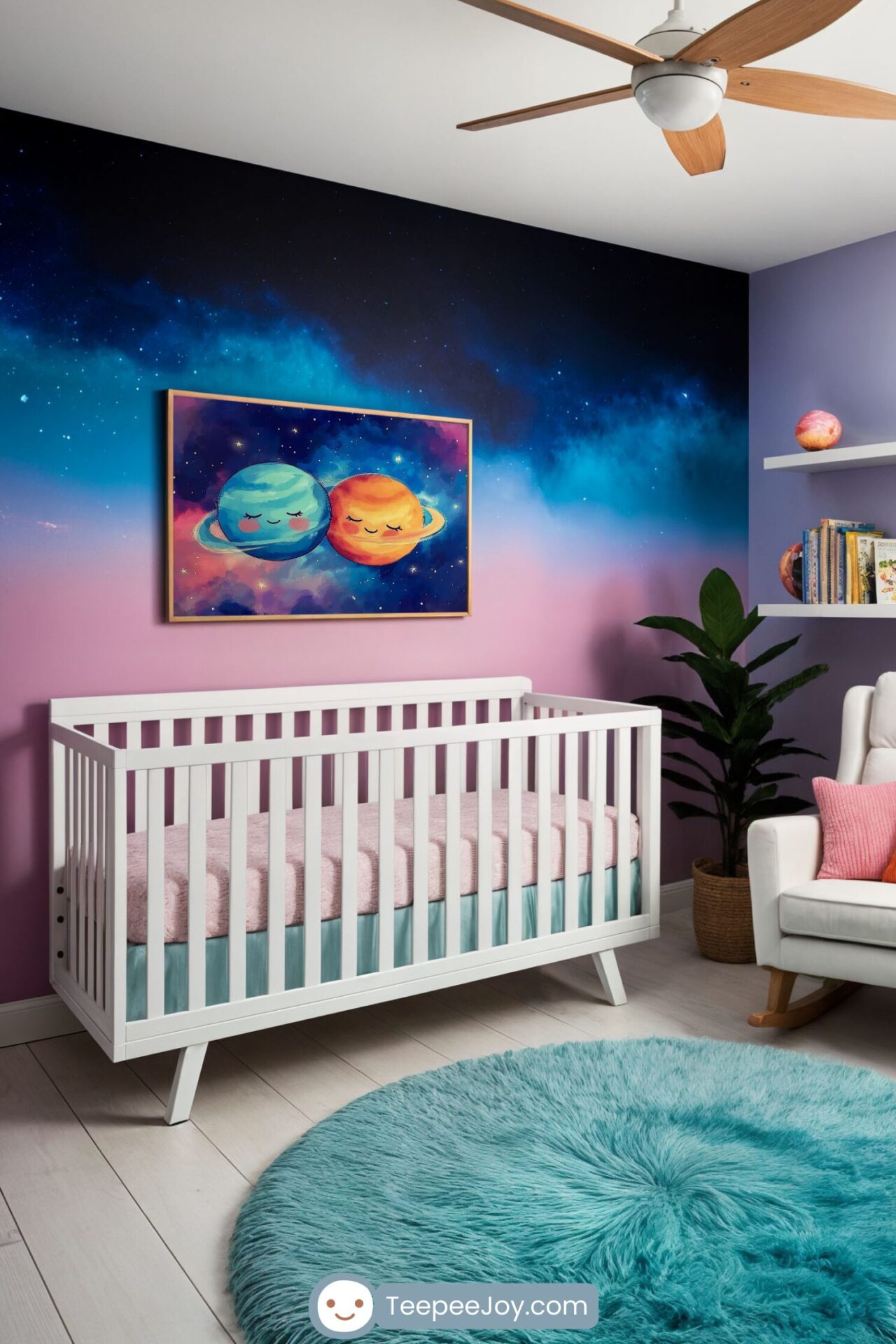 Beautiful space-themed nursery with a white crib, a cozy rocking chair, and a plush teal rug. A stunning cosmic mural on the wall features a framed painting of two smiling planets, complementing the room’s celestial decor. Floating shelves hold space-themed decorations, including small globe-like planets and books, while blue curtains and colorful pillows add warmth and charm.