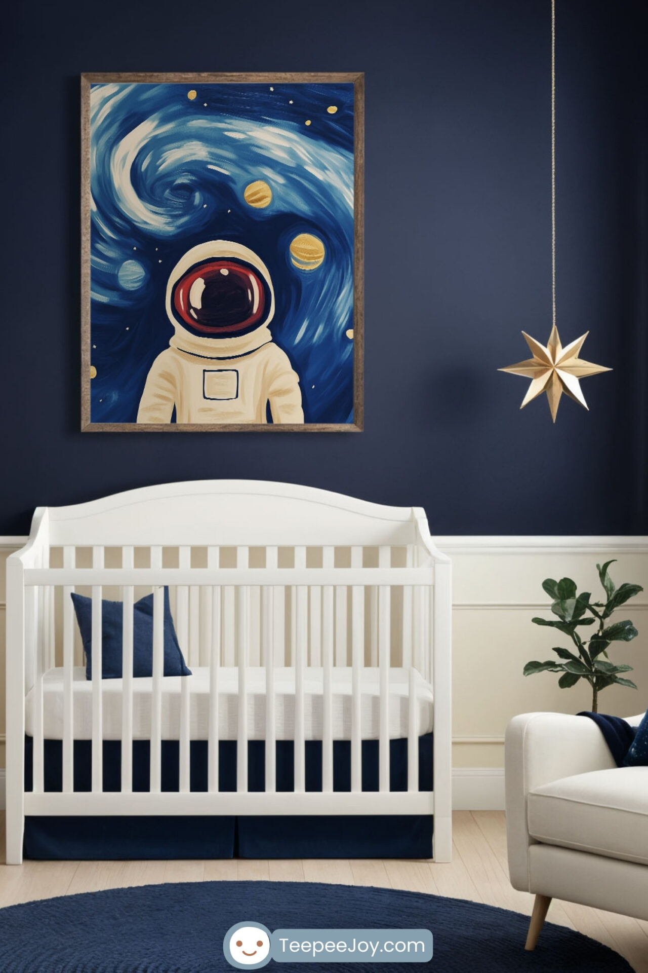 Sophisticated space-themed nursery with a navy blue and white color scheme. The room features a white crib with navy bedding, a soft circular rug, and a cozy reading nook with a plush armchair. A framed astronaut artwork with a swirling galaxy background hangs above the crib, enhancing the celestial theme. Starry curtains, a golden star pendant light, and subtle space-inspired decor complete the dreamy, cosmic aesthetic.
