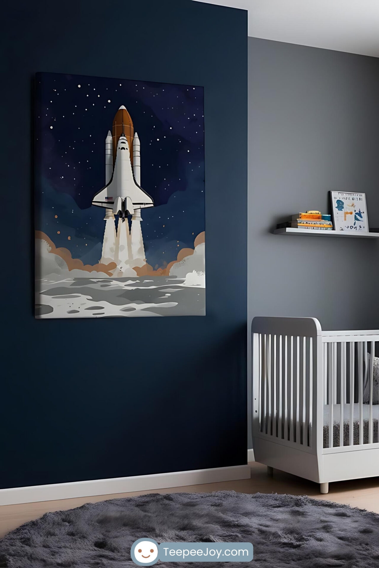 This image shows a modern space-themed nursery with dark gray walls and minimalistic decor. A white crib is set below a striking artwork of a space shuttle launching into a starry sky, its thrusters surrounded by clouds of smoke. The room features a cozy gray rug, a white armchair with a matching ottoman, and a floating shelf holding children’s books, creating a sleek and imaginative environment.