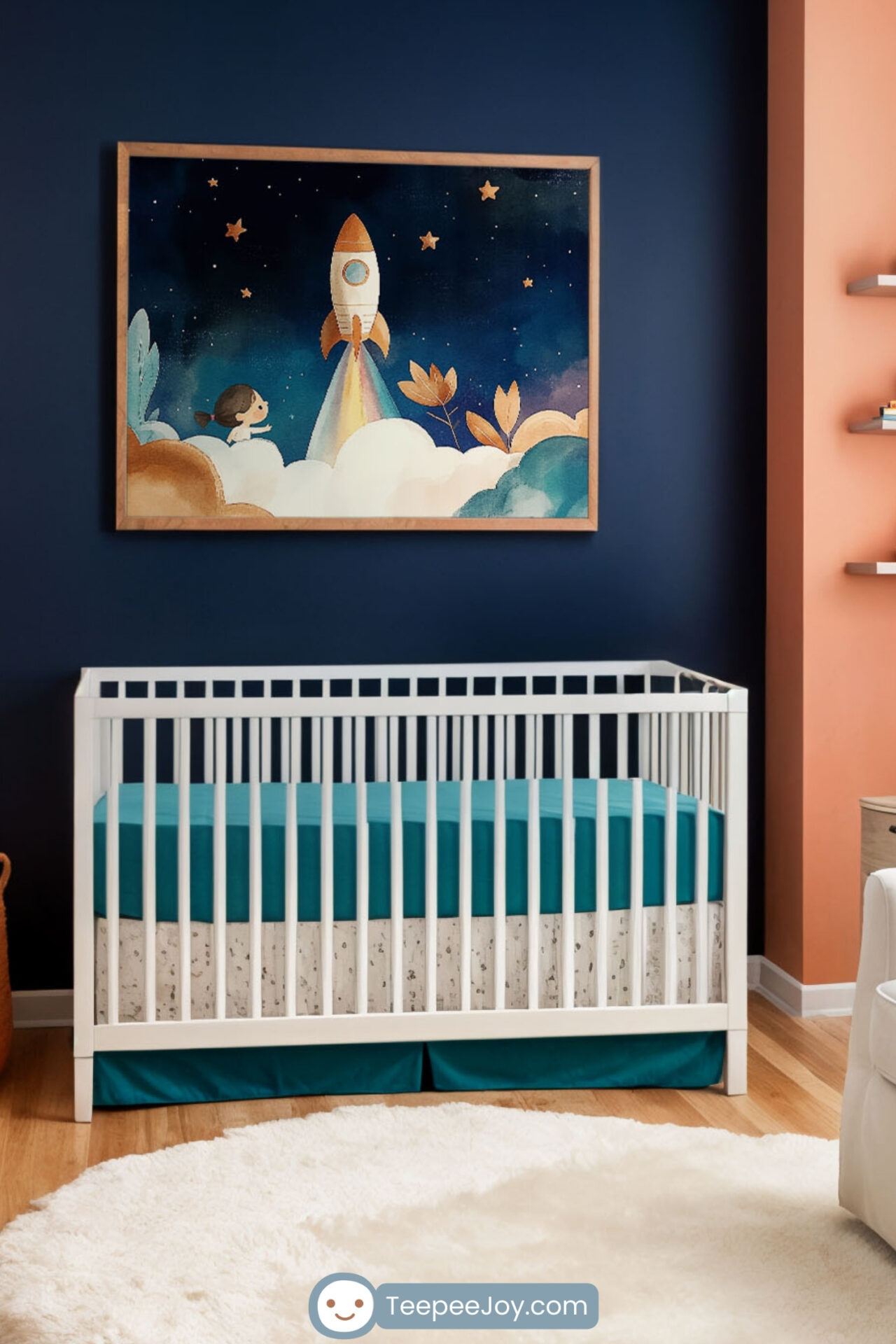 Space-themed nursery with a navy blue and soft peach color scheme. A framed painting of a rocket launch with a young girl watching hangs above a white crib with teal bedding. The room features playful decor, including a 3D rocket wall ornament, floating shelves with space-themed decorations, a cozy white rug, a light wood dresser with a teal changing pad, and a reading nook with a white armchair and colorful accent pillows, creating a fun and imaginative atmosphere.