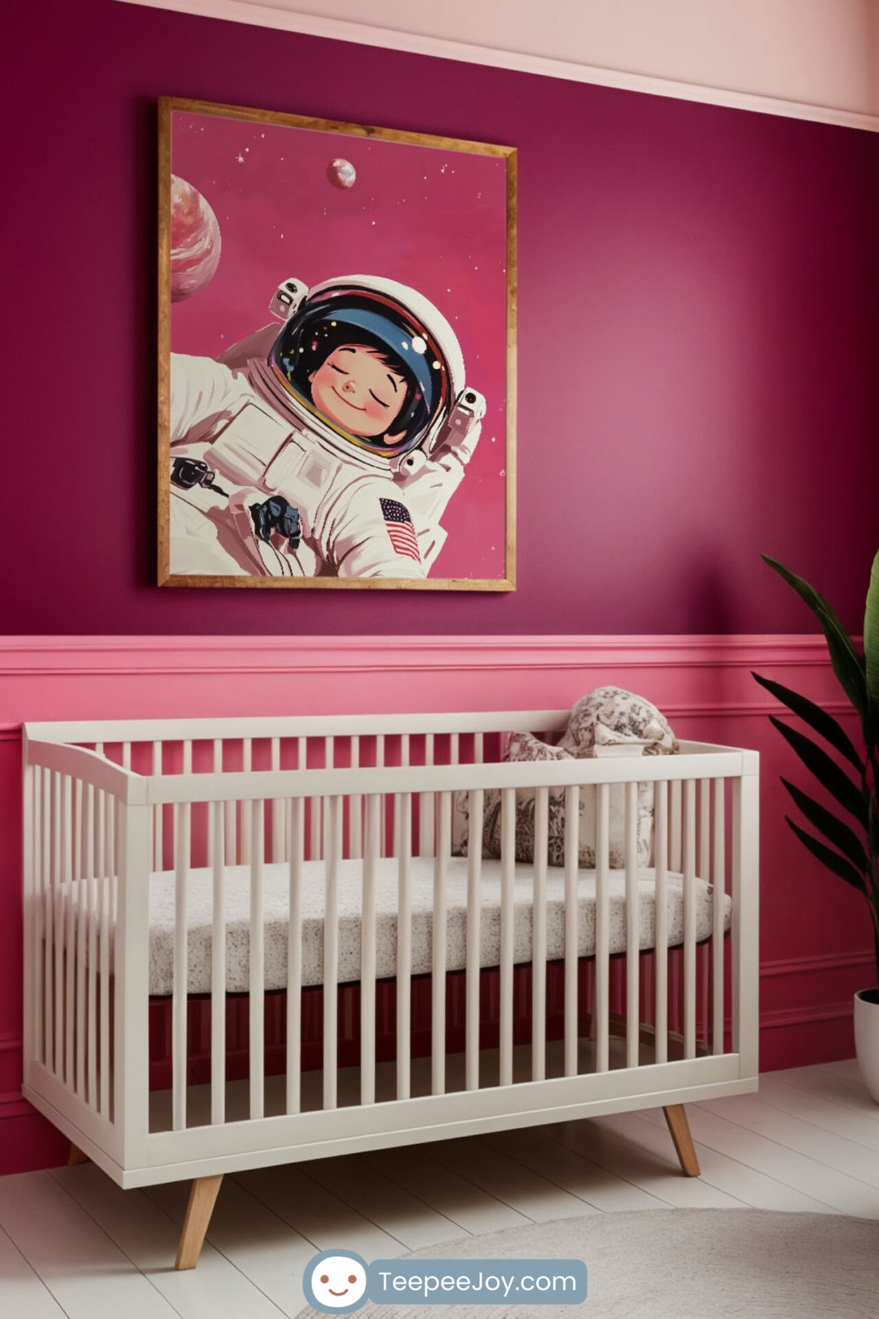 A stylish nursery with a pink and white color scheme, featuring a white crib against a deep pink accent wall. Above the crib, a framed illustration of a smiling astronaut floating in space adds a whimsical touch. A cozy white armchair sits near a large window with sheer curtains, complemented by a round beige rug and soft lighting. Small decorative elements, including plants and shelves with books, complete the inviting and modern design.
