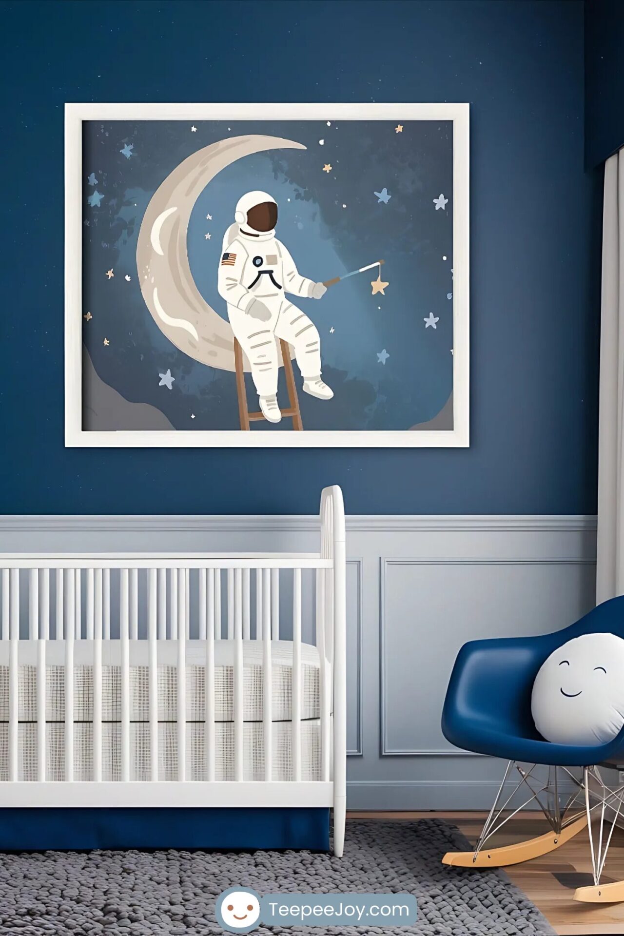 Celestial-themed nursery with astronaut fishing for stars from a crescent moon