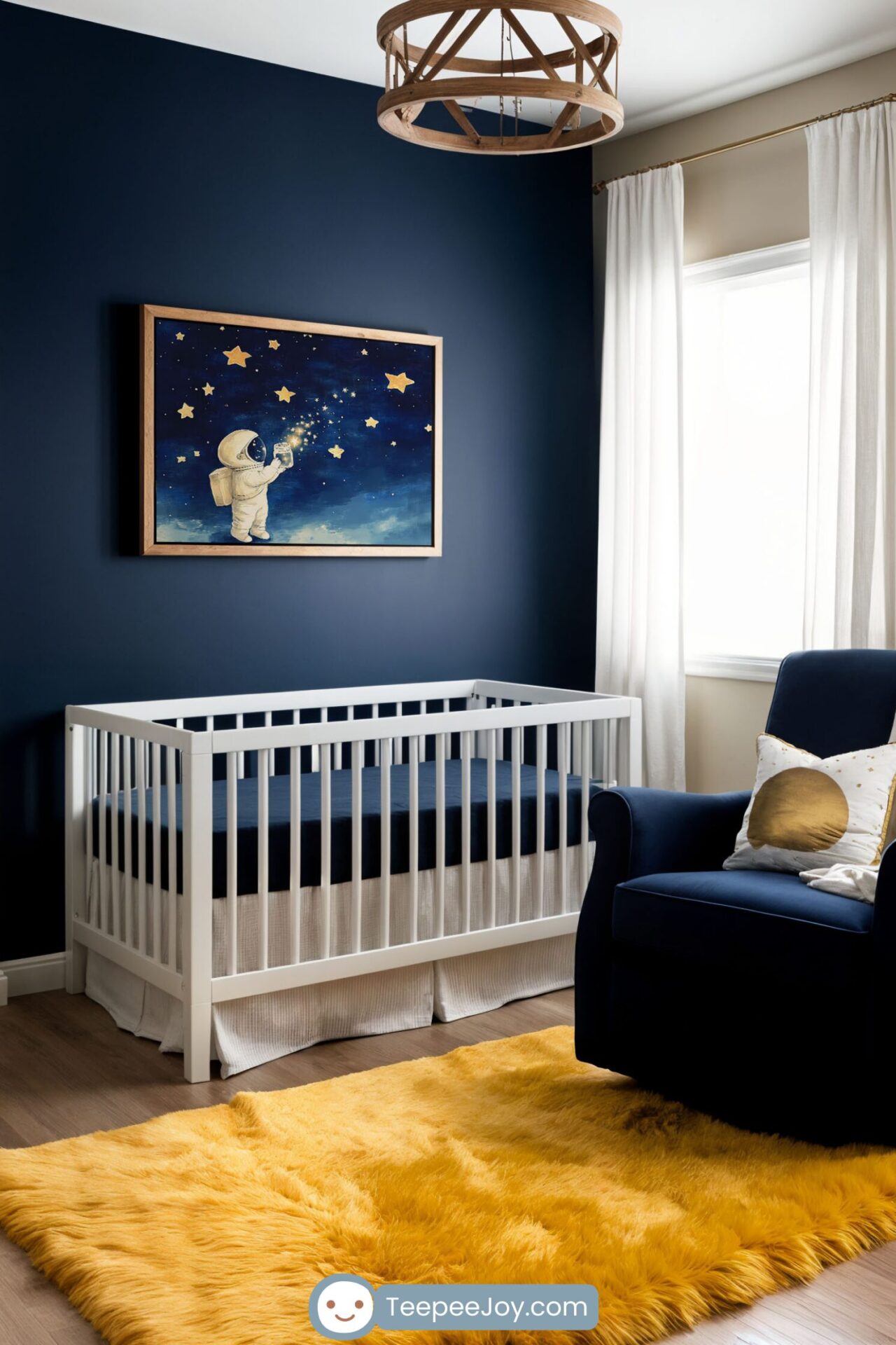 Stylish space-themed nursery with astronaut wall decor