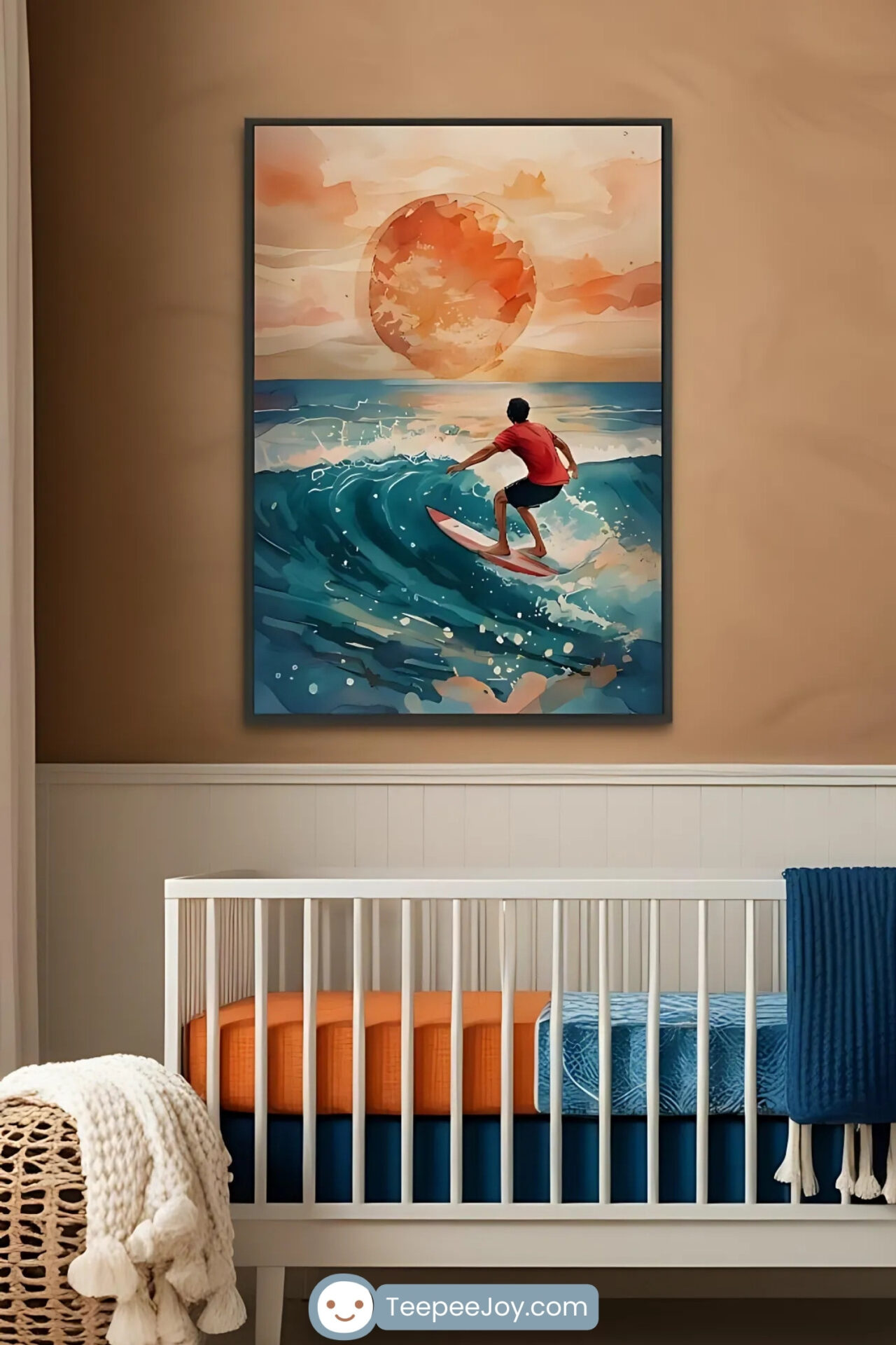 Serene coastal nursery featuring surfer artwork with sunset hues