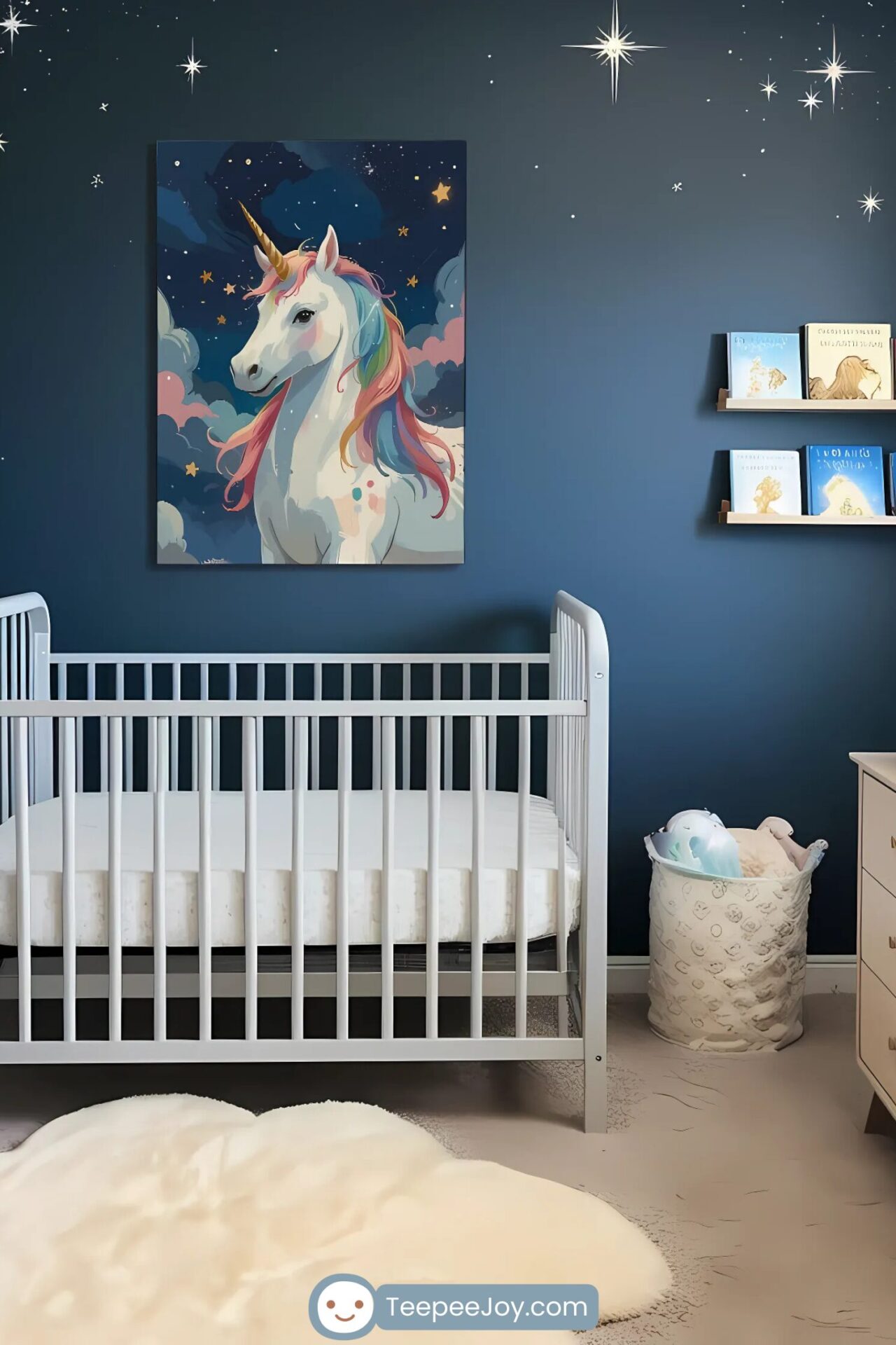 Dreamy, celestial-themed nursery with a gray crib against a deep blue wall adorned with glowing star decals. A magical unicorn wall art piece hangs above the crib, featuring a white unicorn with a golden horn and a flowing rainbow mane set against a night sky filled with stars and clouds. Floating shelves hold pastel-colored books, while a plush white rug and a soft toy basket add cozy, whimsical touches to the enchanting space.