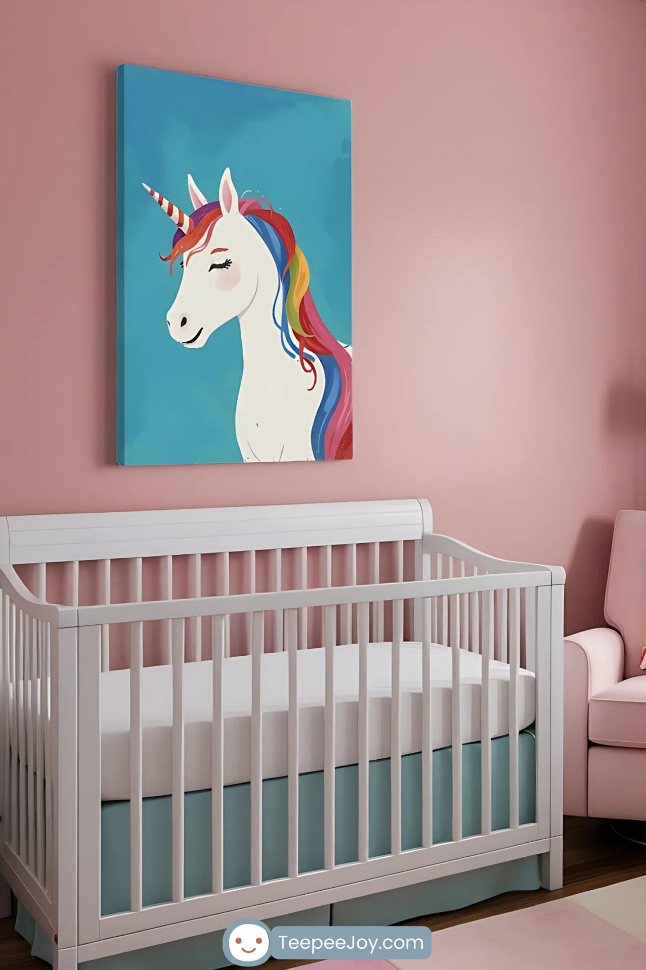 This image shows a cozy nursery with soft pink walls and a white crib positioned beneath a colorful unicorn-themed painting. A pink armchair with a rainbow-striped blanket sits beside a gold floor lamp, creating a warm and inviting reading or feeding nook. The room also features a white dresser with a changing table, pink curtains, and a pastel color-blocked rug, completing the cheerful and whimsical design.