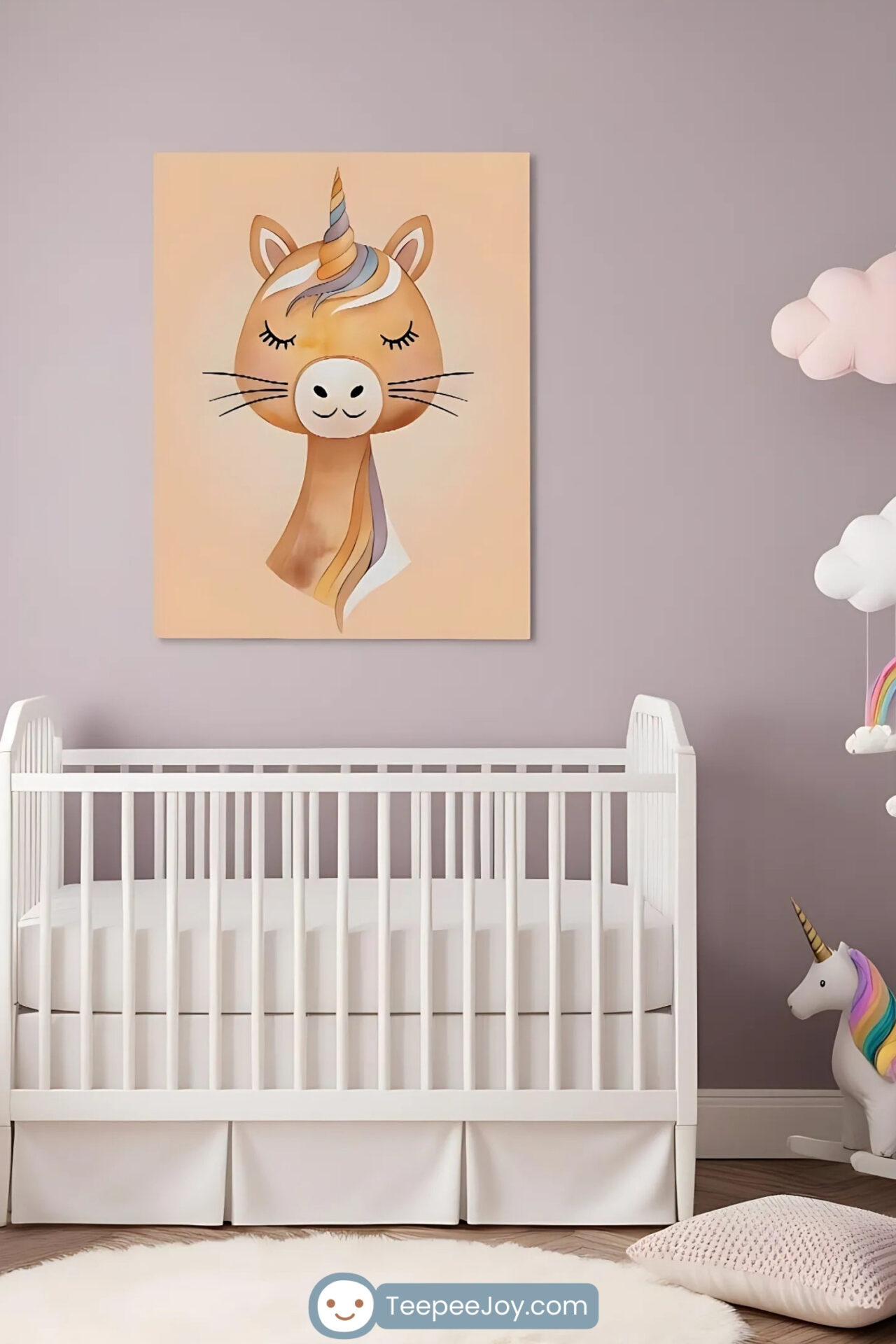 This image showcases a charming unicorn-themed nursery with soft lavender walls and pastel accents. A white crib is positioned beneath a playful artwork of a smiling orange unicorn with a striped pastel horn, complementing the room’s whimsical decor. The space features a fluffy white rug, a rocking chair with a pink blanket, and a cloud mobile with rainbow details, along with a unicorn rocking toy, creating a cozy and imaginative atmosphere.