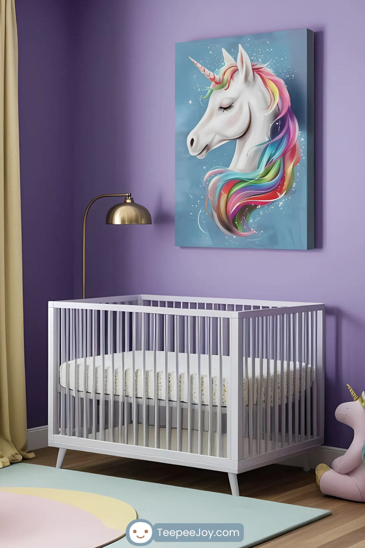 This image showcases a charming nursery with purple walls and a dreamy unicorn theme. A white crib is set against the wall, below a large framed artwork of a serene unicorn with a multicolored mane and a sparkling blue background. The room includes a white dresser with a changing table, a pastel rainbow play mat, a plush unicorn toy, and shelves displaying colorful rainbow-themed books and decor. Soft yellow curtains and a gold floor lamp add warmth to the whimsical design.