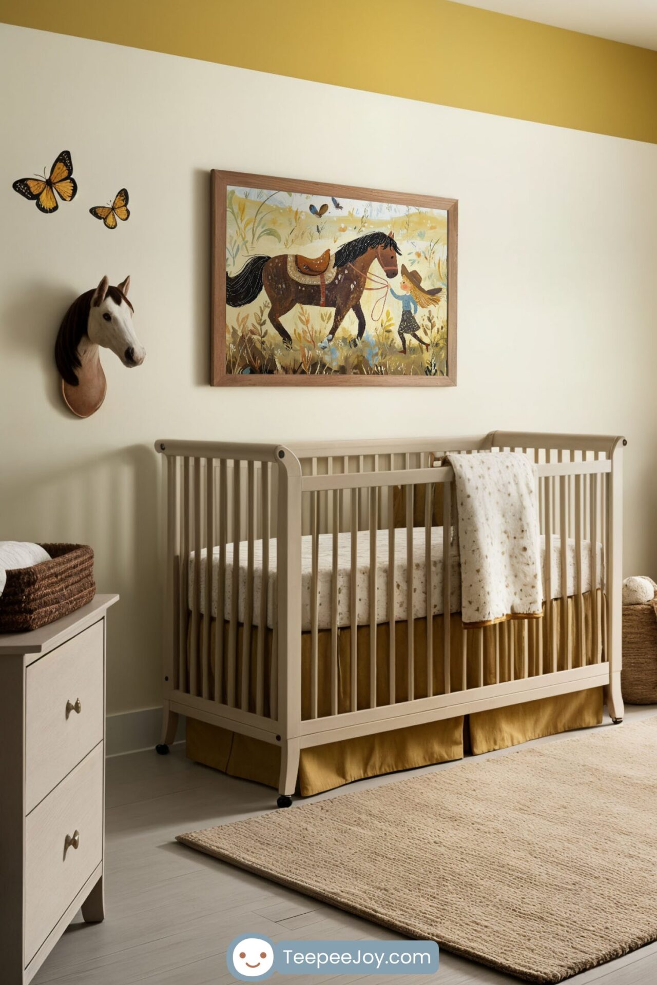 This nursery features a warm and inviting western theme, highlighted by a framed illustration of a young girl leading a brown horse through a grassy meadow. The room is accented with soft yellow and brown tones, complemented by horse-themed decor like a wall-mounted horse head and butterfly decals. A cozy crib, plush armchair, and wooden furniture create a calming and rustic atmosphere for a baby's room.