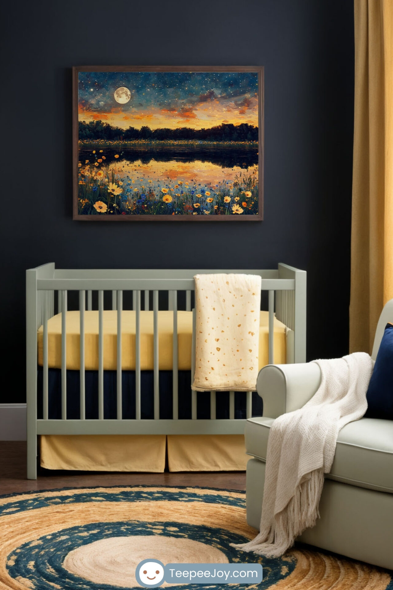 A cozy, nature-inspired nursery with a dark blue accent wall featuring a framed painting of a moonlit lake with wildflowers. The room includes a sage green crib with yellow bedding, a wooden dresser with a moon-themed wall decoration, a cream armchair with a navy pillow, and a circular rug in blue, beige, and gold tones. Sunlight streams through mustard-yellow curtains, creating a warm and calming atmosphere.