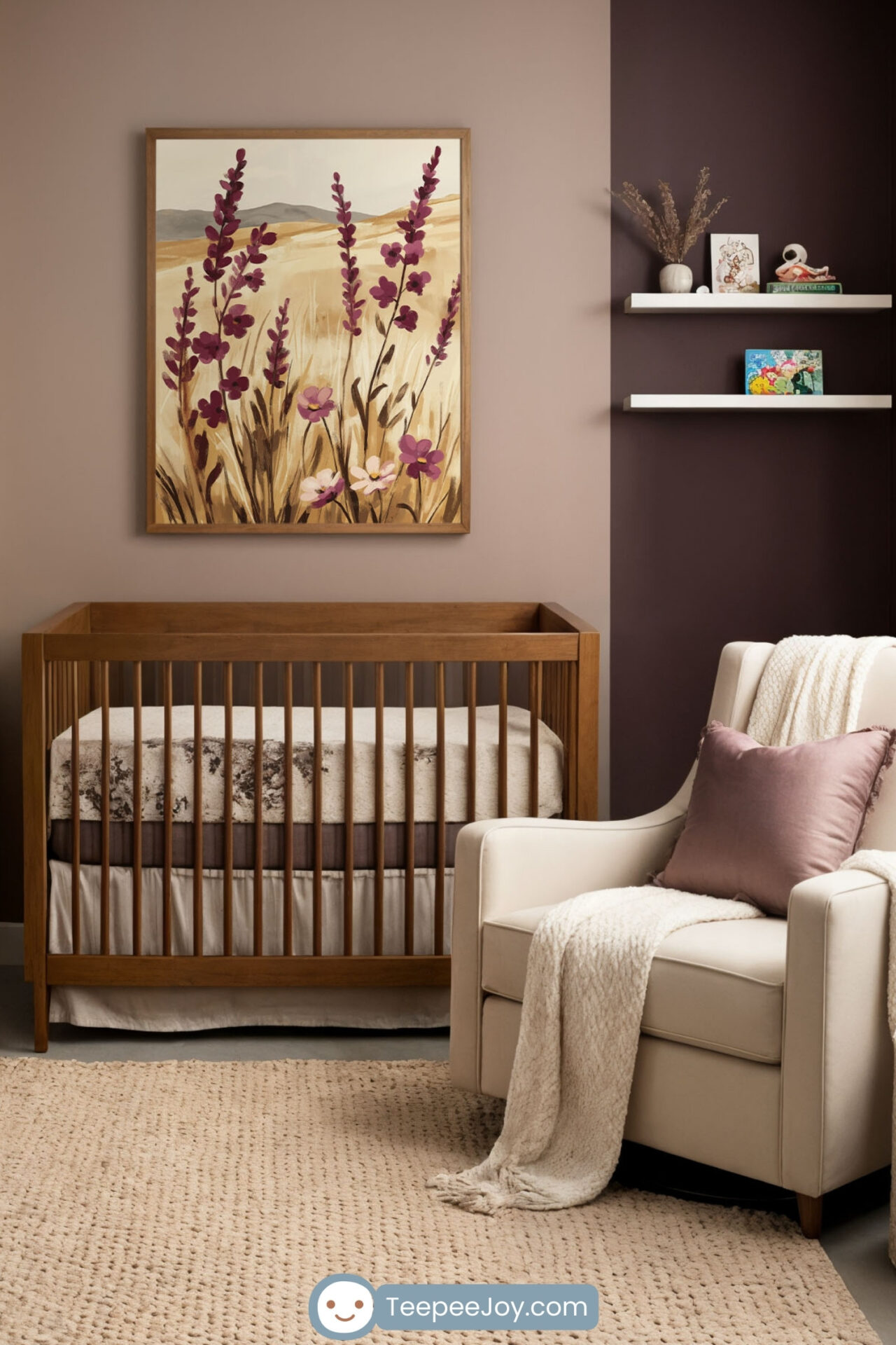 A soft, nature-inspired nursery with a muted mauve accent wall featuring a framed painting of purple wildflowers in a golden field. The room includes a wooden crib, a matching dresser with a floral wreath above, and a cream armchair with a mauve pillow and cozy throw. A textured beige rug and sheer curtains filtering natural light create a calm, inviting atmosphere.