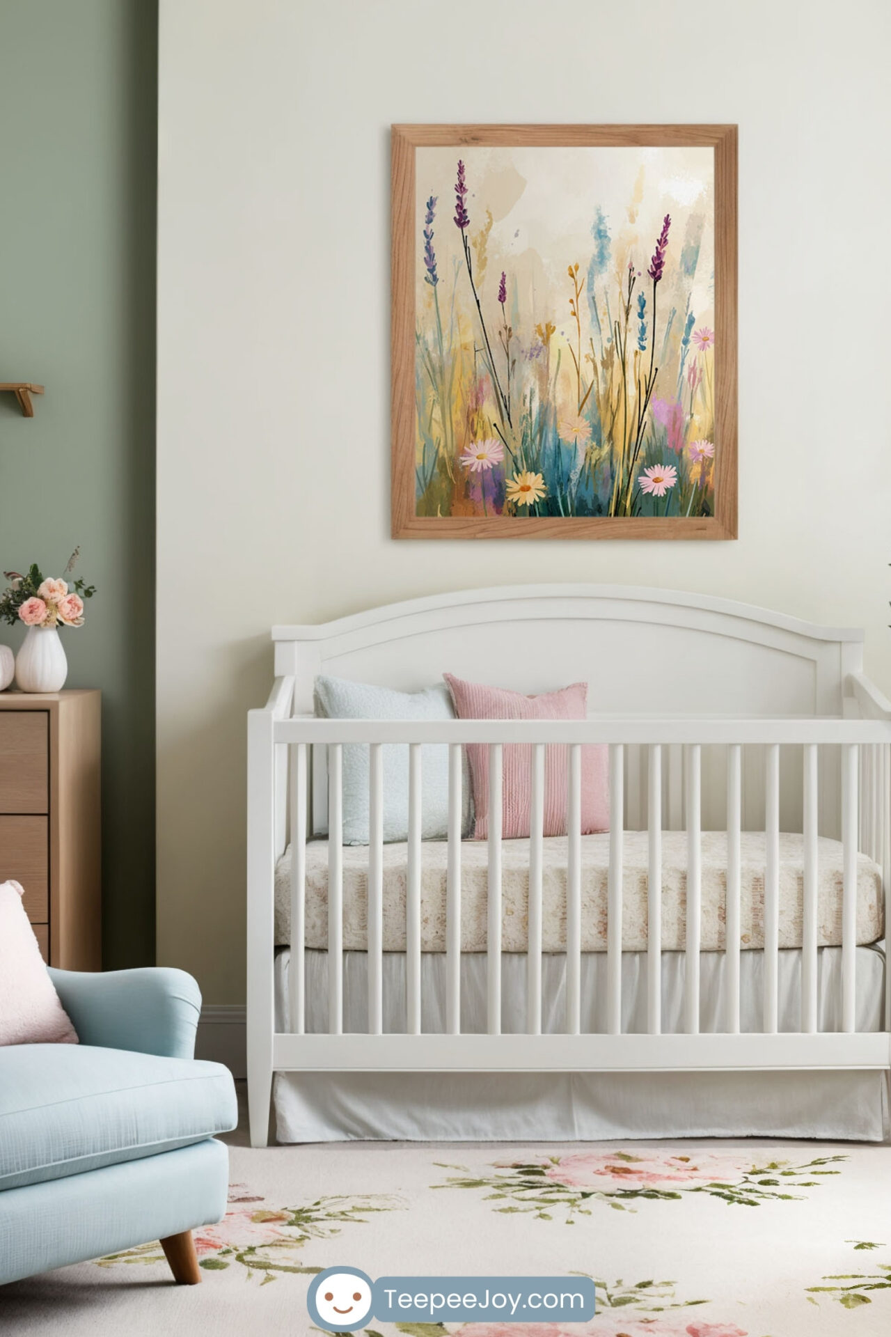 Cozy nursery with a soft, calming design. A white crib sits against a light cream wall, adorned with a framed watercolor wildflower painting. A pastel blue armchair with a pink pillow, a wooden dresser with floral accents, and a floral-patterned rug create a serene, nature-inspired atmosphere. An olive tree in the corner adds a fresh, natural touch.