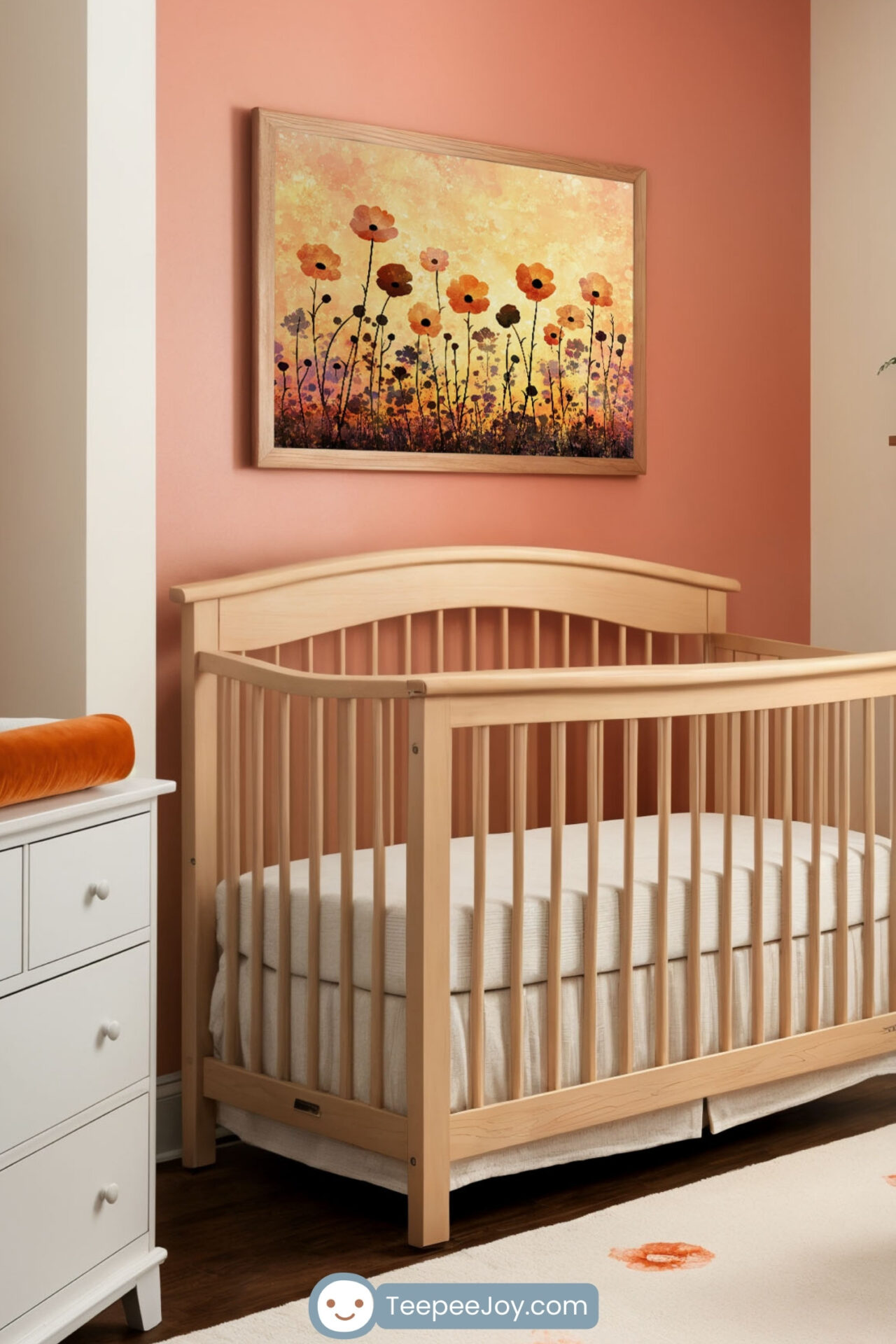 Cozy nursery featuring floral wall art with warm amber tones