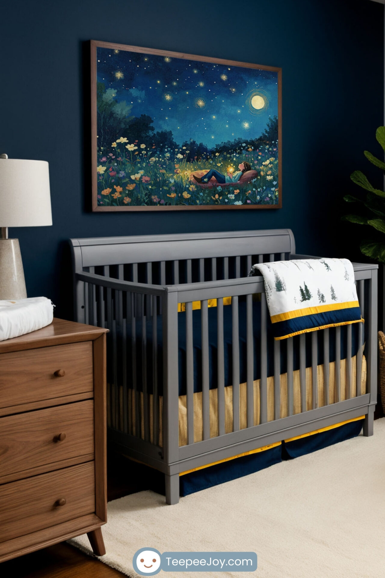 Cozy nursery with a deep blue accent wall, featuring a gray crib with navy and mustard bedding beneath a framed wall art of a dreamy night meadow scene. A plush gray armchair with a mustard throw pillow sits next to a glowing floral light fixture, adding warmth to the space. The room is styled with wooden furniture, woven storage baskets, soft cream carpeting, and a potted plant, creating a tranquil and enchanting atmosphere.