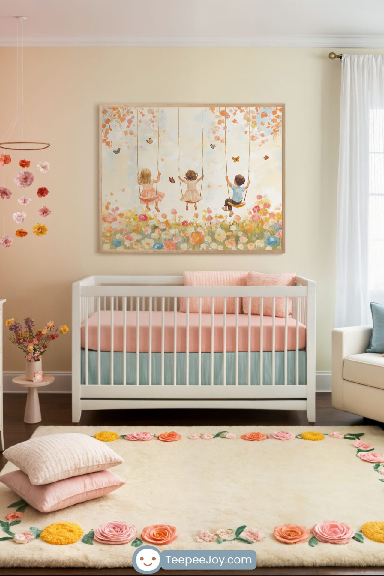 Whimsical nursery with soft pastel tones and floral accents. A white crib with pink and blue bedding sits beneath a framed painting of three children swinging among flowers and butterflies. A cream rug with embroidered roses, a pink accent wall with decorative flowers, and a cozy armchair by the window create a warm, playful atmosphere.