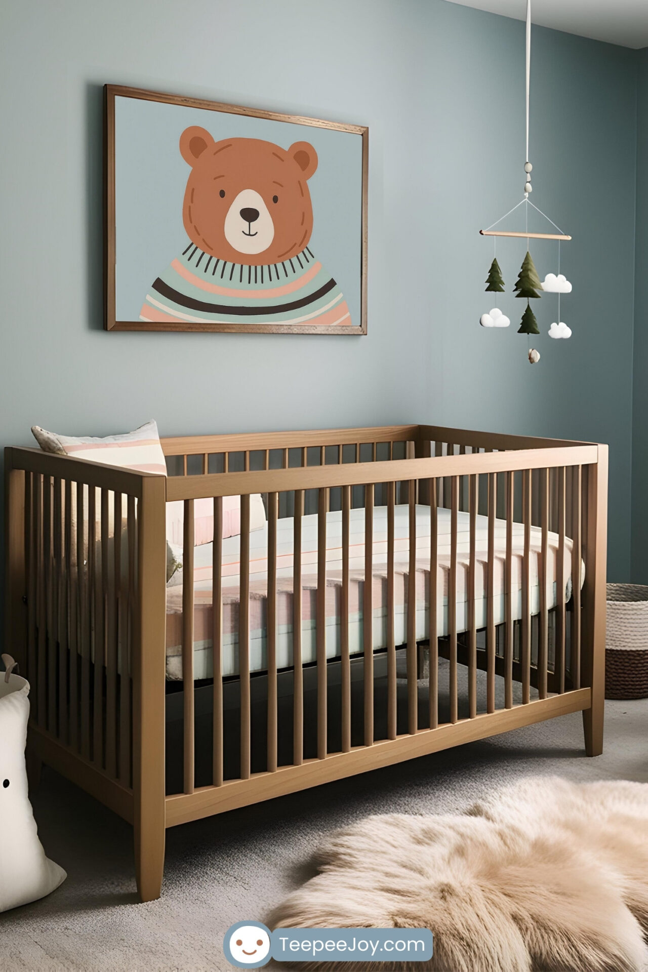 A cozy nursery with soft blue-green walls, featuring a wooden crib and a framed bear illustration wearing a striped sweater. The room includes a rocking chair with a bear-shaped pillow, a cloud and tree-themed mobile, and a fluffy sheepskin rug. Accents like a bear-face storage bin, a cloud-shaped wooden wall decor, and soft textiles create a charming woodland-inspired design.