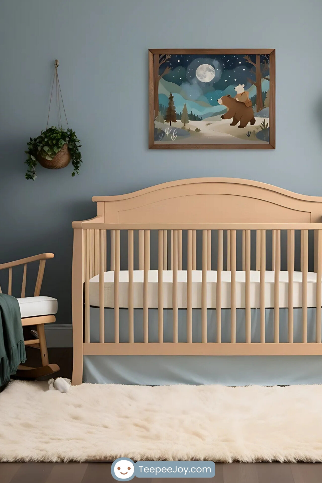 Cozy nursery with a soft blue wall, featuring a nature-inspired artwork of a bear and a cub under a moonlit sky. The room includes a natural wood crib, a rocking chair, and lush greenery for a serene and peaceful vibe.