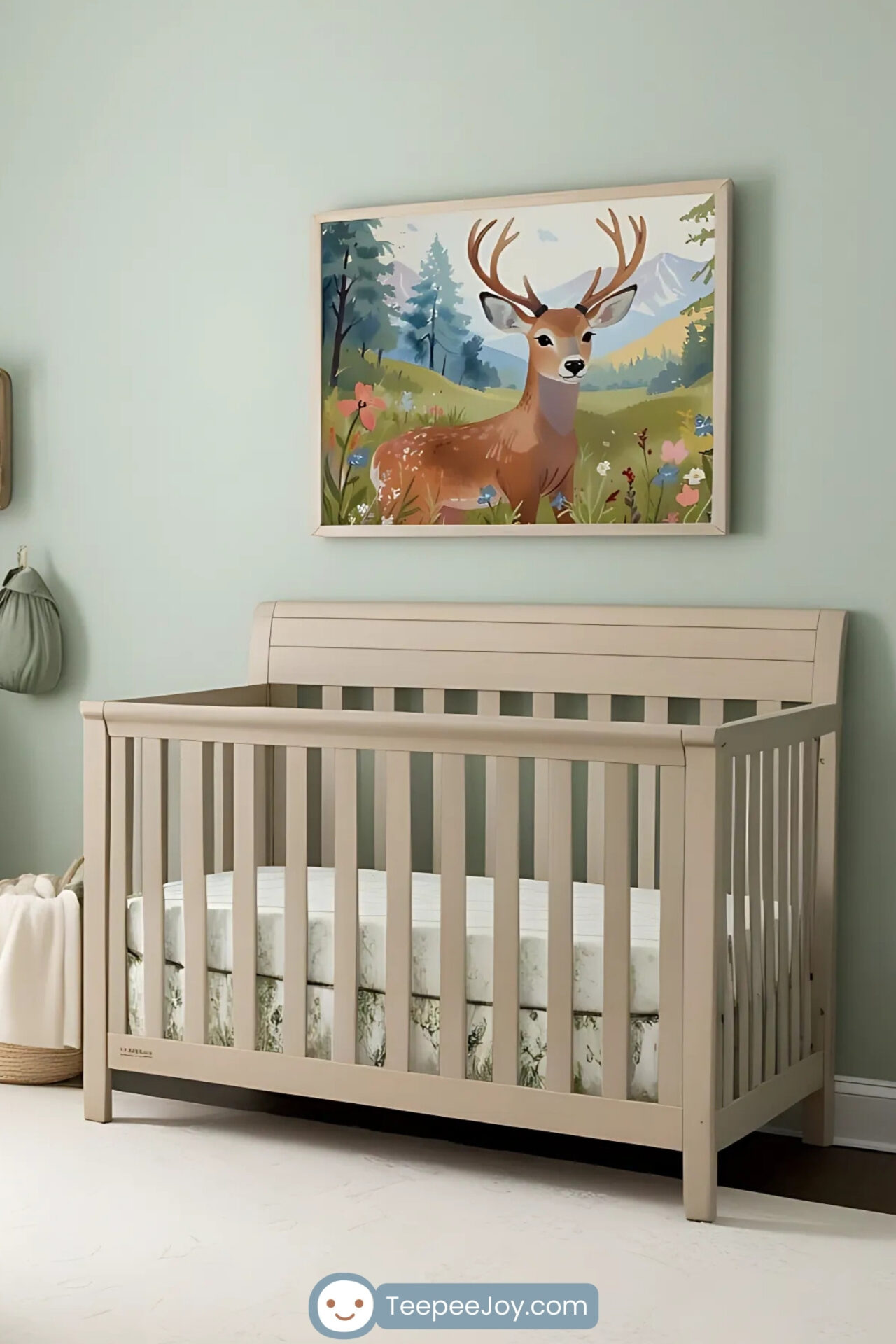 Nature-inspired nursery with soft sage green walls and light wood furniture, including a crib and a changing table. A framed illustration of a deer in a colorful meadow hangs above the crib, adding a whimsical and serene touch. The room features a green rocking chair, floral-patterned curtains, natural woven baskets, and greenery accents, creating a peaceful and earthy atmosphere.