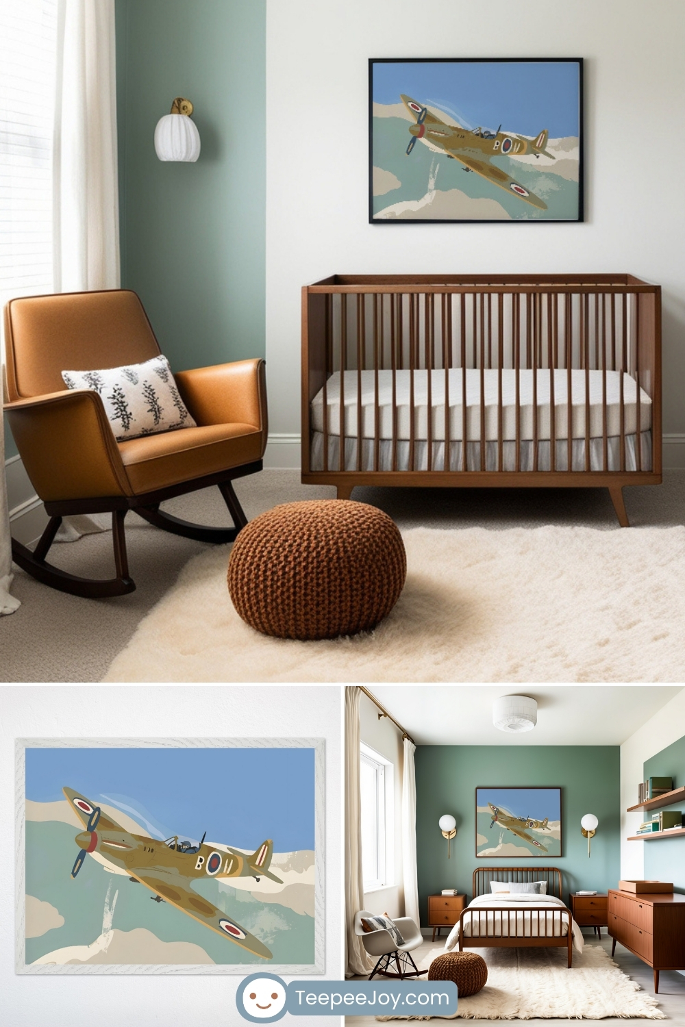 Nursery and kids' room designs featuring a mid-century modern aesthetic and aviation wall art. Each space showcases a framed illustration of a vintage World War II-style fighter plane soaring through stylized clouds against a blue sky, adding a playful yet nostalgic touch to the soft, earthy color palette.