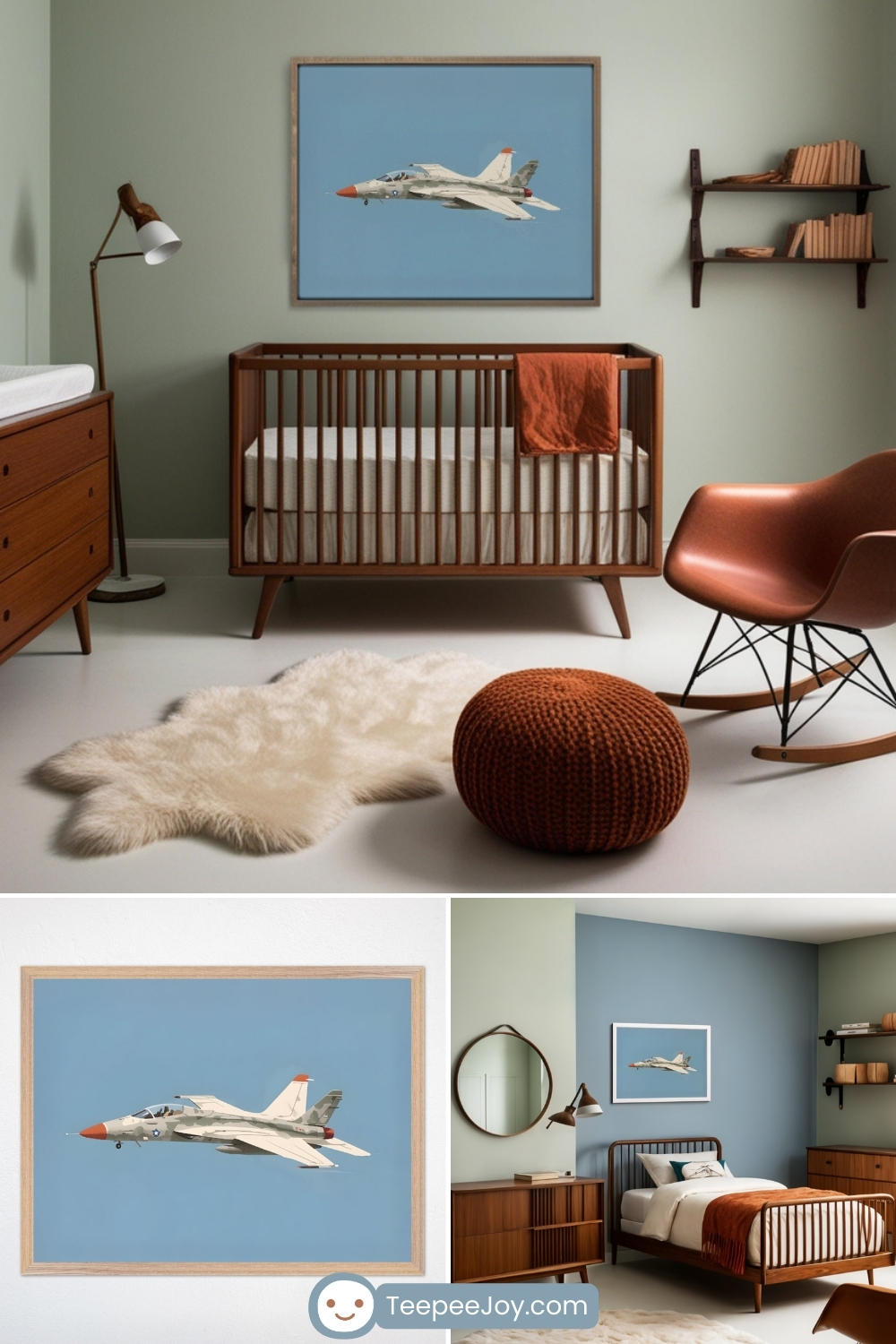 Three stylish nursery and kids' bedroom setups featuring mid-century modern furniture and aviation-themed decor. Each room highlights a framed print of a white fighter jet with red-orange accents flying against a clear blue sky, adding a bold, adventurous vibe to the cozy, neutral-toned interiors.