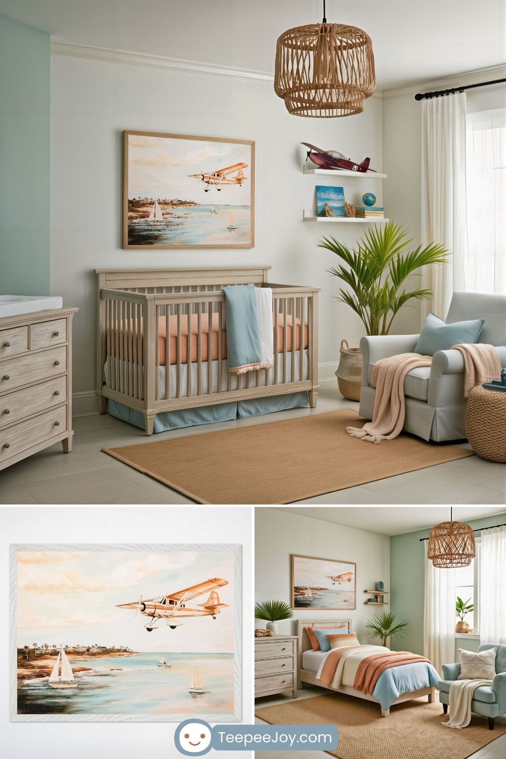 Airplane-themed nursery and bedroom with soft coastal vibes, featuring a vintage-style seaplane flying over a serene ocean scene with sailboats and cliffs. The room includes weathered wood furniture, pastel coral and blue bedding, tropical plants, and a woven rattan light fixture, creating a breezy, beachy atmosphere perfect for a relaxing baby or toddler space.