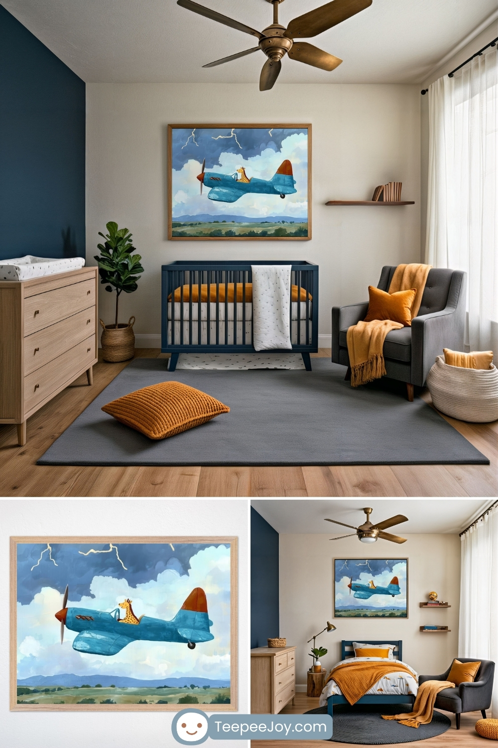 Playful airplane-themed nursery and bedroom featuring a colorful painting of a cartoon giraffe flying a vintage blue airplane through a stormy sky with lightning bolts. Decor includes a navy crib, mustard and gray accents, a soft gray rug, and warm wood furniture, creating a fun, adventurous vibe with a cozy, modern twist.