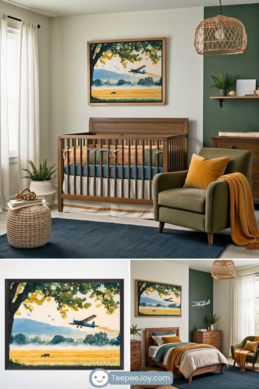 Nature-inspired airplane nursery and bedroom featuring a watercolor-style painting of a vintage blue crop duster flying low over a golden field, framed by leafy trees and distant blue mountains. The room blends forest green, mustard, and wood tones with rustic textures, including a rope ottoman, wicker pendant light, and a deep blue rug for a cozy, grounded look.
