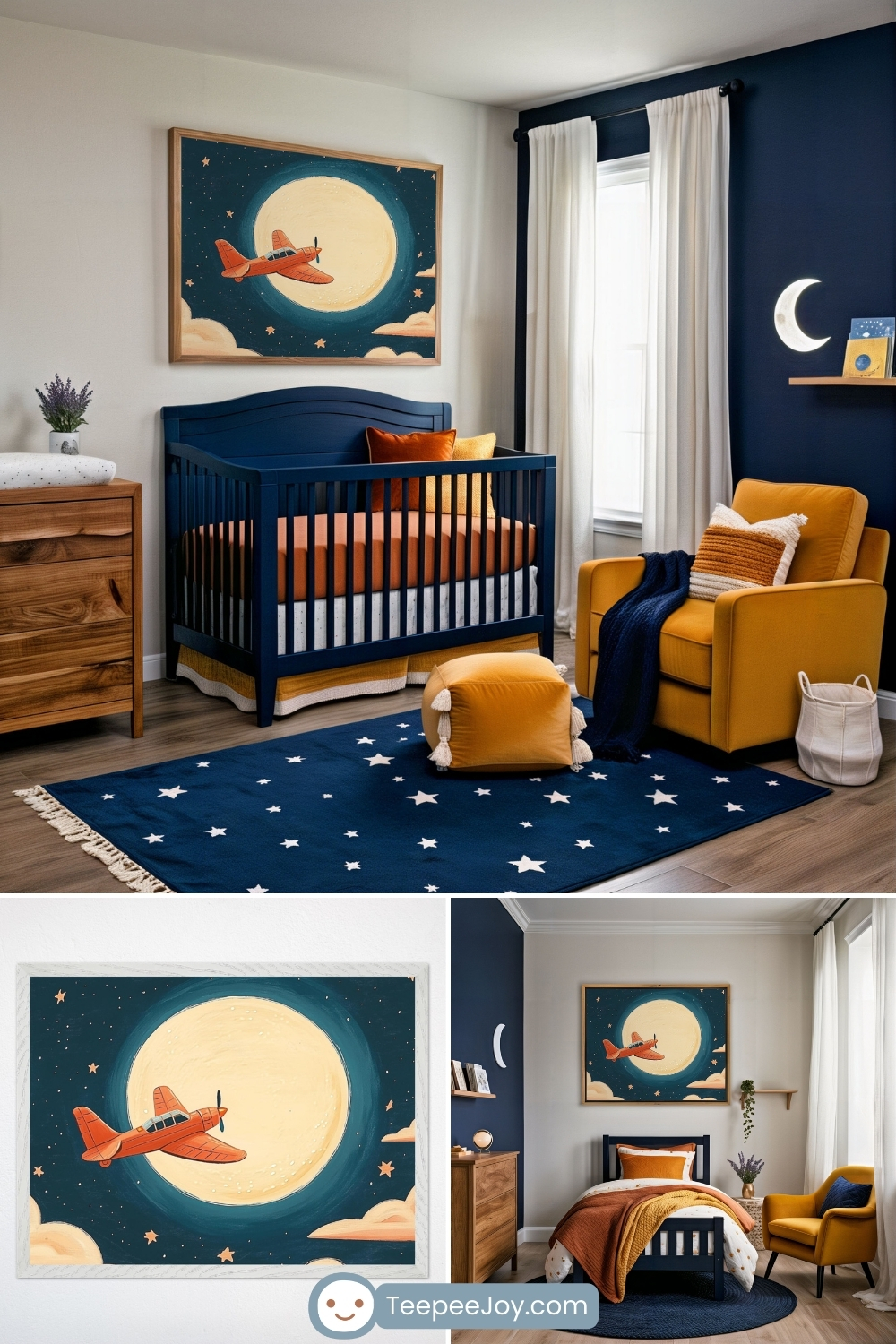 Vibrant airplane-themed nursery and bedroom set in rich navy and mustard tones, with a whimsical red airplane flying past a glowing full moon in framed wall art. The room features a navy crib, star-patterned rug, golden yellow glider chair, and crescent moon night light, creating a cozy night sky-inspired space. Perfect for a bold, celestial aviation vibe.