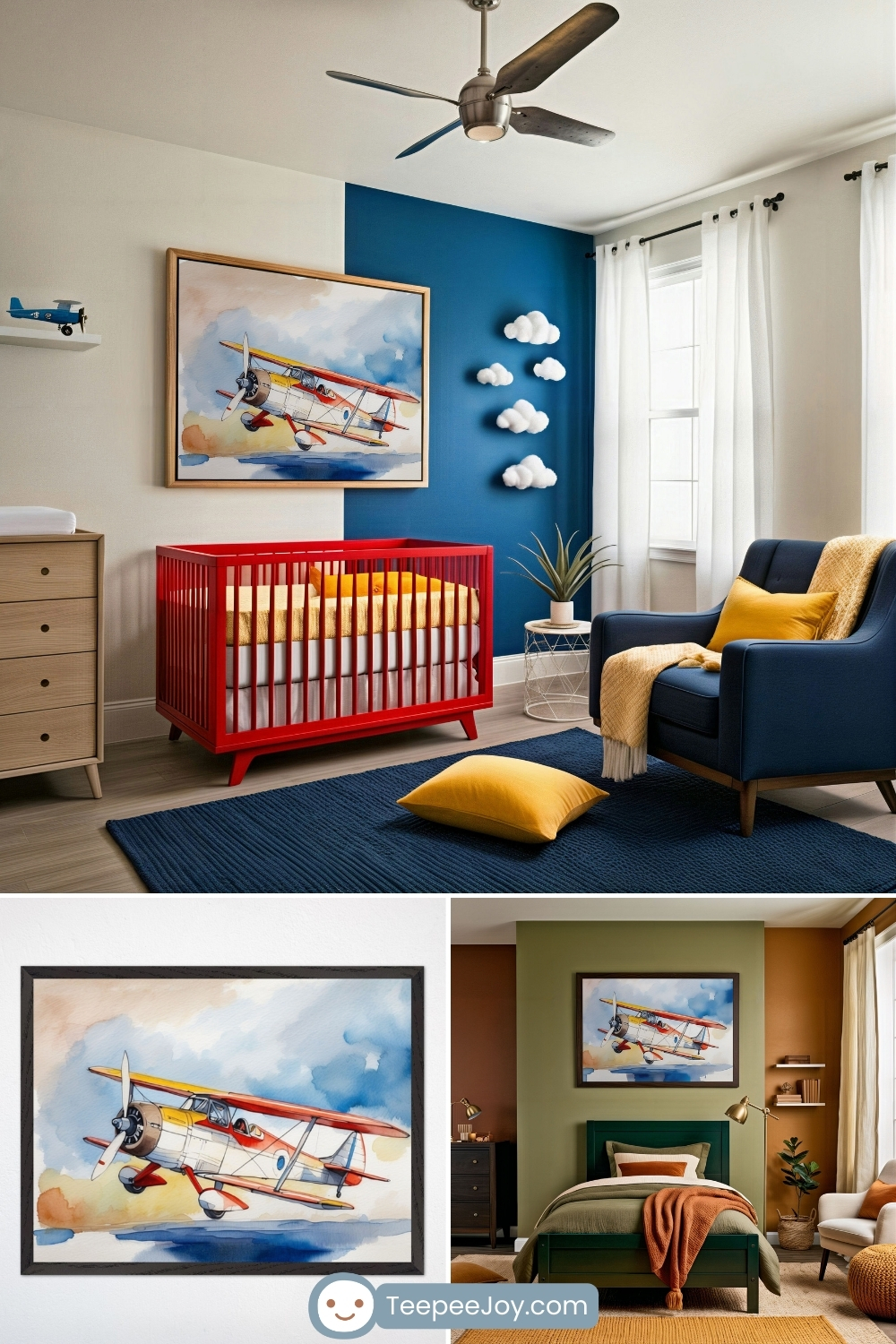 Vibrant kids’ room and nursery designs centered around aviation-themed wall art and colorful decor. Each room features a framed watercolor-style print of a red and yellow vintage biplane soaring through a dreamy blue and orange sky, adding a playful, energetic touch to the bold color palettes and cozy furnishings.