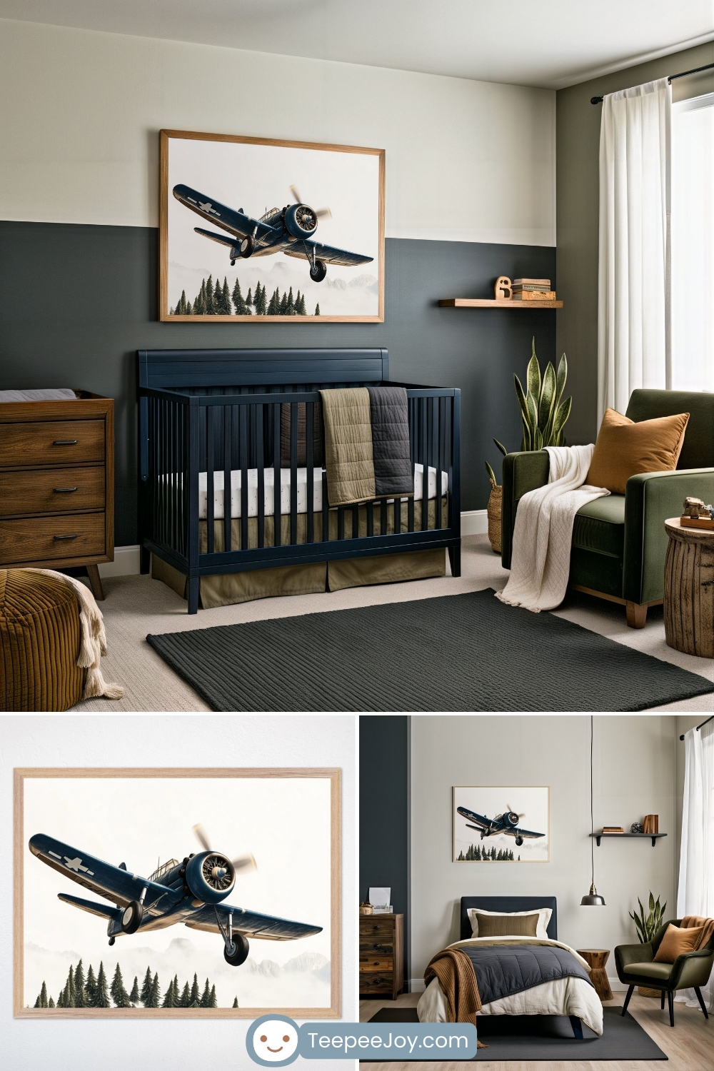 Bold, adventure-themed nursery and bedroom decor featuring a vintage navy blue fighter plane soaring above pine trees, framed in minimalist wood. The space has a rich, moody palette with dark green and charcoal walls, deep wood furniture, and earthy accents like a forest green glider and brown knit pouf. Perfect for a little explorer’s cozy aviation-inspired room.