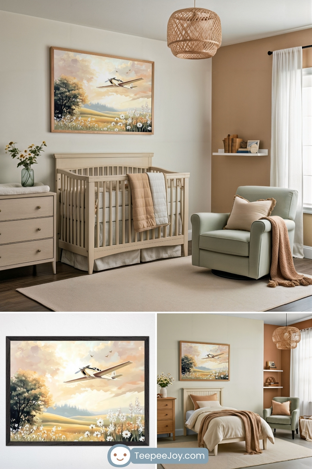 Warm-toned airplane nursery decor featuring a serene illustration of a small plane flying over rolling hills and wildflowers at sunset. The room includes light wood furniture, a sage green glider chair, soft beige bedding, and natural woven accents for a cozy, nature-inspired feel. The calming color palette blends cream, tan, and golden hues.