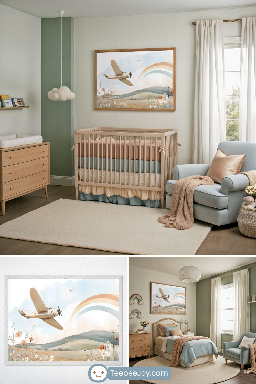 Airplane-themed nursery designs with soft, earthy tones and a vintage-style airplane flying over a floral field beneath a rainbow. Rooms feature neutral wood furniture, cozy pastel bedding, cloud and rainbow decor, and a serene mountain landscape painting as the focal point. The overall vibe is calm, whimsical, and perfect for a nature-inspired baby space.
