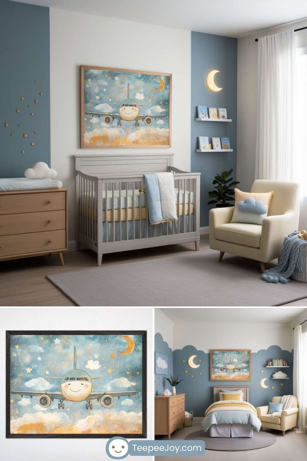 Adorable airplane-themed nursery designs featuring soft blue and cream tones, with a cheerful cartoon airplane artwork flying through starry skies and clouds. Decor includes moon and cloud wall decals, a cozy cream chair with a cloud pillow, wooden furniture, and shelves with children’s books. The room has a dreamy nighttime sky vibe perfect for a baby or toddler.