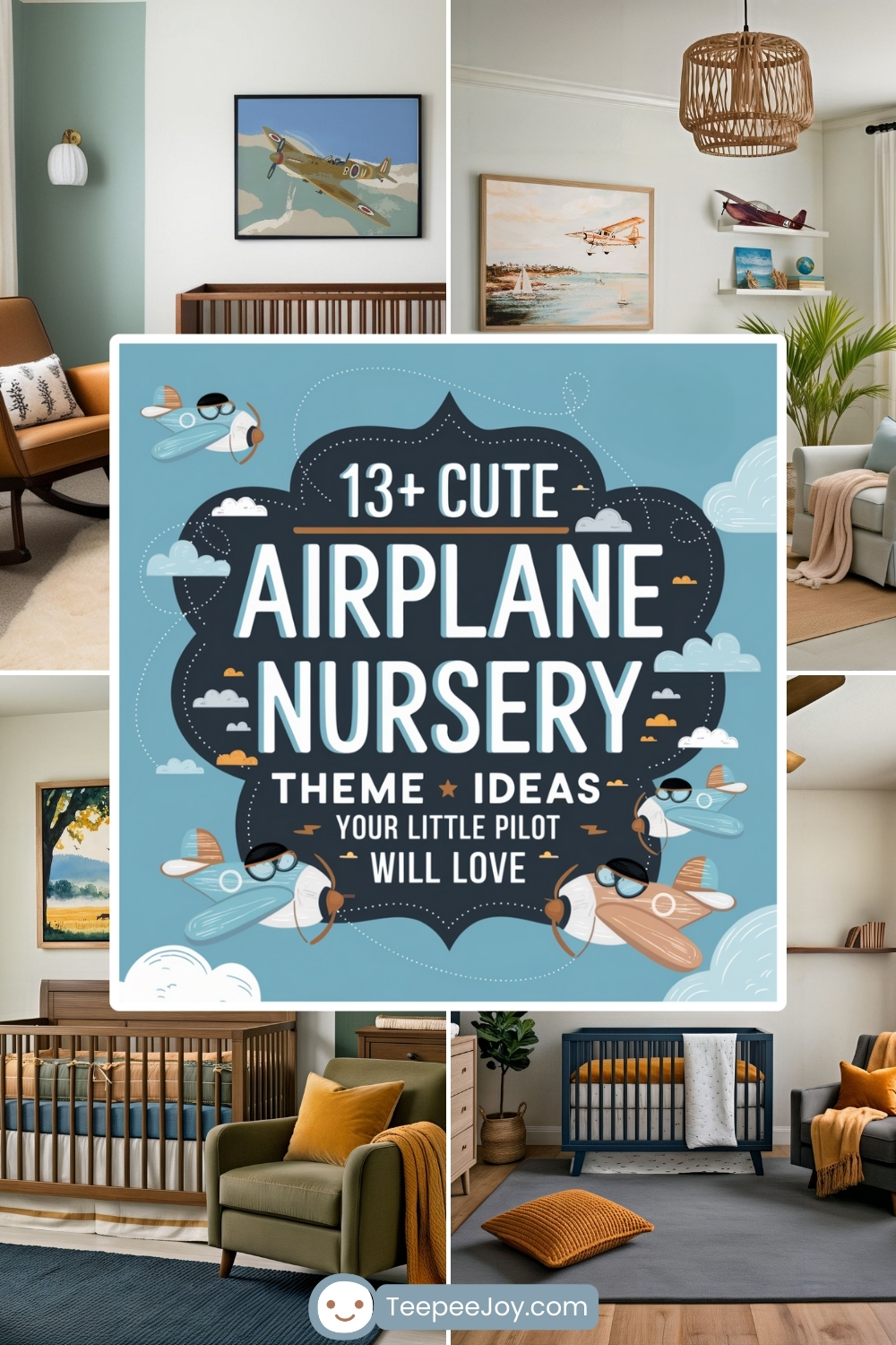 Stylish airplane-themed nursery decor collage ideas, featuring cribs, cozy chairs, aviation artwork, and vintage plane illustrations. Center text reads “13+ Cute Airplane Nursery Theme Ideas Your Little Pilot Will Love” on a blue sky background with cartoon planes and clouds. Various nursery setups highlight warm tones, wooden accents, and aviation wall art.