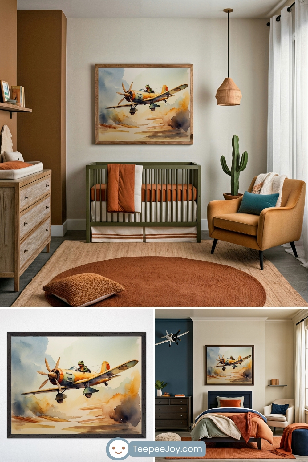 Collage of three kids’ rooms and nurseries styled with warm earth tones and vintage aviation decor. Each space features a watercolor-style art print of a whimsical orange and yellow propeller plane piloted by a frog in aviator gear, flying through soft clouds with a dreamy, storybook feel.