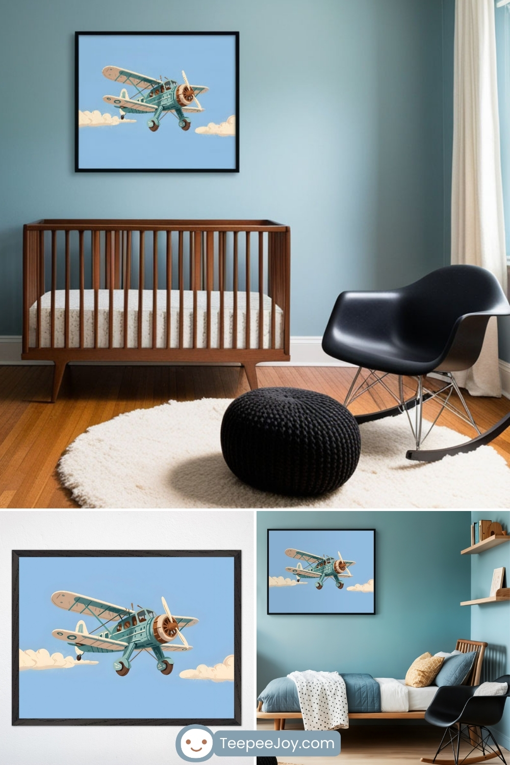 Children’s room setups featuring a vintage aviation theme with minimalist, mid-century modern furnishings. Each space is anchored by a framed art print of a blue and cream-colored biplane flying through fluffy clouds against a bright blue sky, creating a whimsical and adventurous atmosphere.