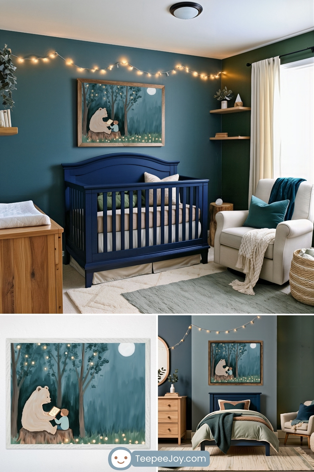 Dreamy, woodland-inspired nursery and children's bedroom featuring a framed painting of a white bear reading a book to a child under a moonlit sky, surrounded by glowing fireflies. The nursery setup includes a deep navy blue crib, warm wood furniture, and soft green and neutral-toned accents, while the bedroom version features a matching bed with cozy, layered bedding. The dark teal walls, string lights, and natural textures create a calming and magical forest atmosphere.